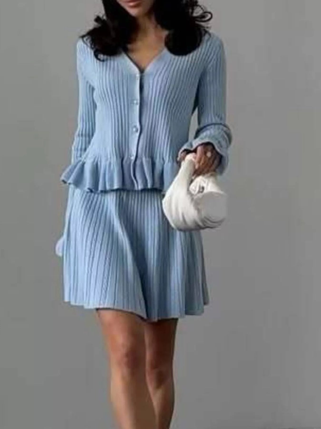 Ruffle Trim Knit Cardigan & Skirt Set designed for comfort and style at Lookzlike
