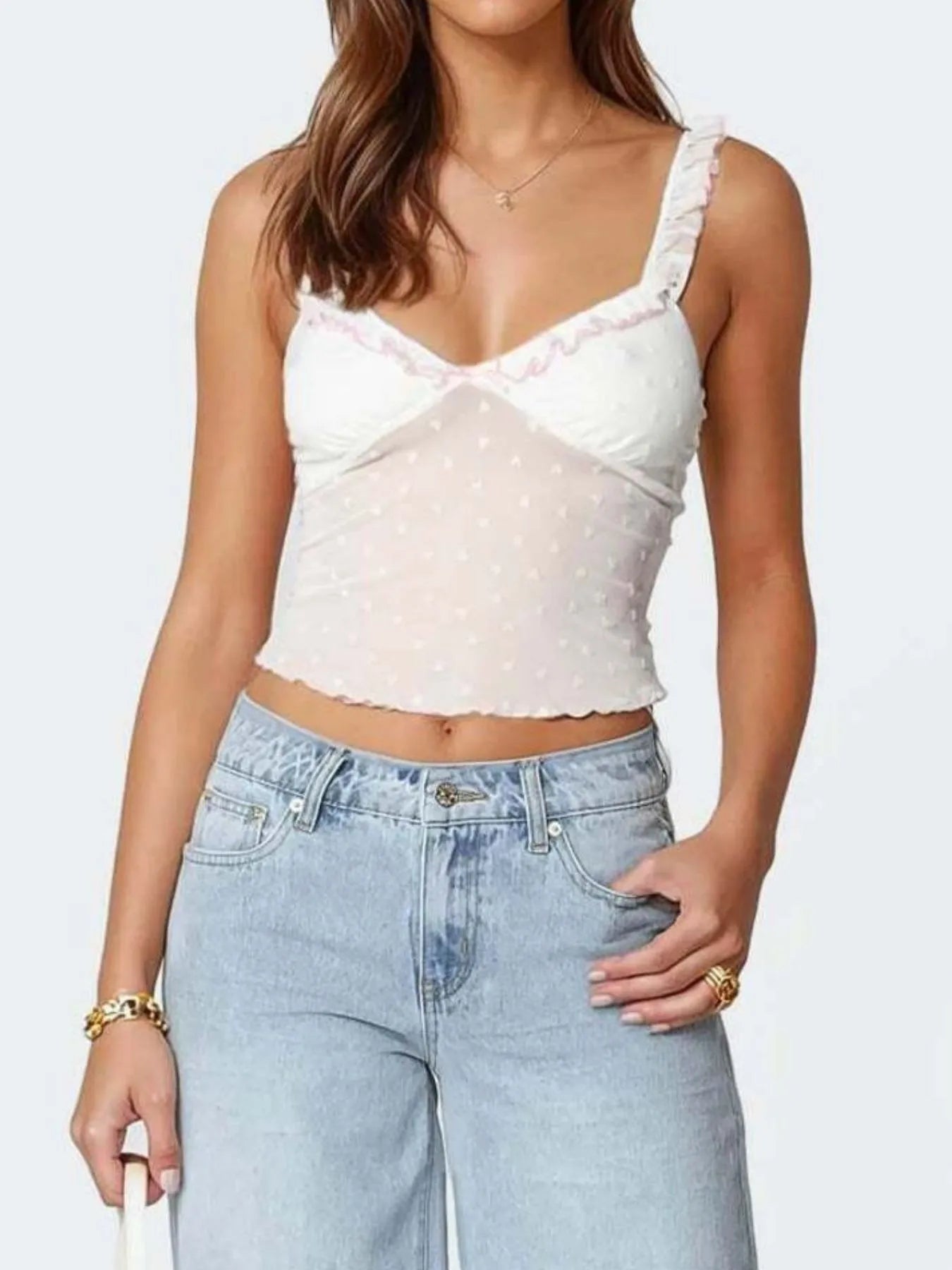 Ruffle Trim Swiss Dot Cami Top - Lookzlike