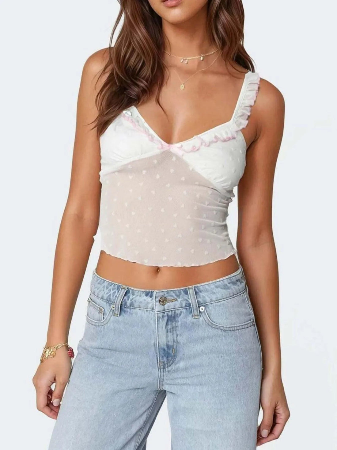 Ruffle Trim Swiss Dot Cami Top - Lookzlike