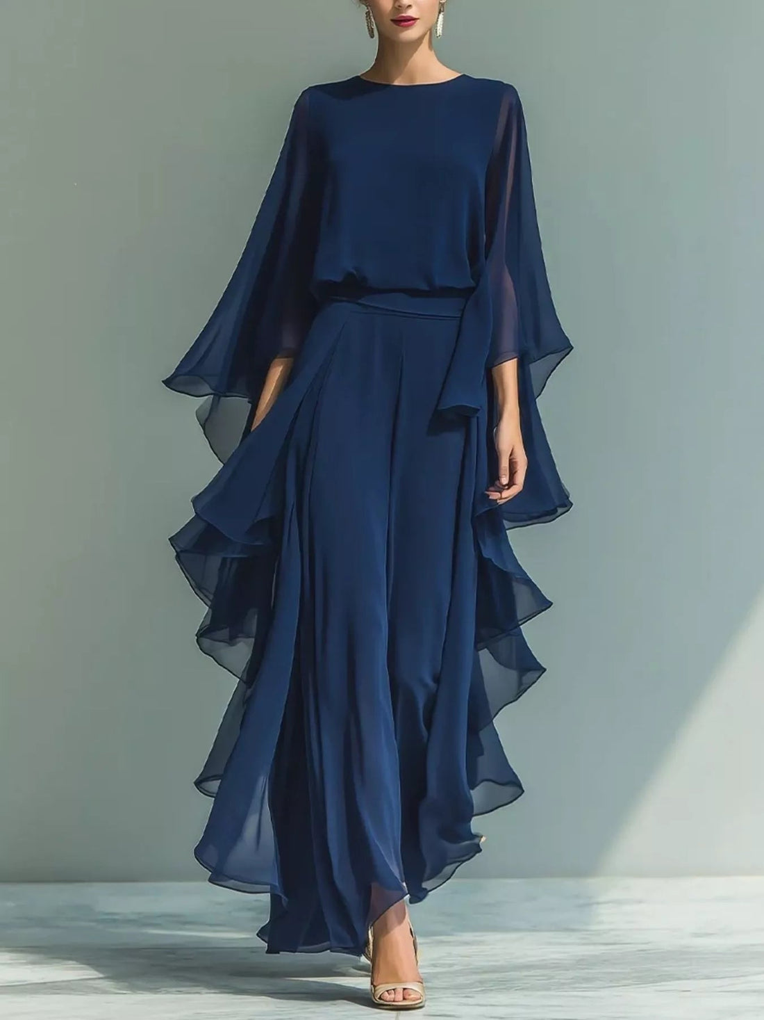 Ruffled Chiffon Long Sleeve Top and Pants Set designed for comfort and style at Lookzlike