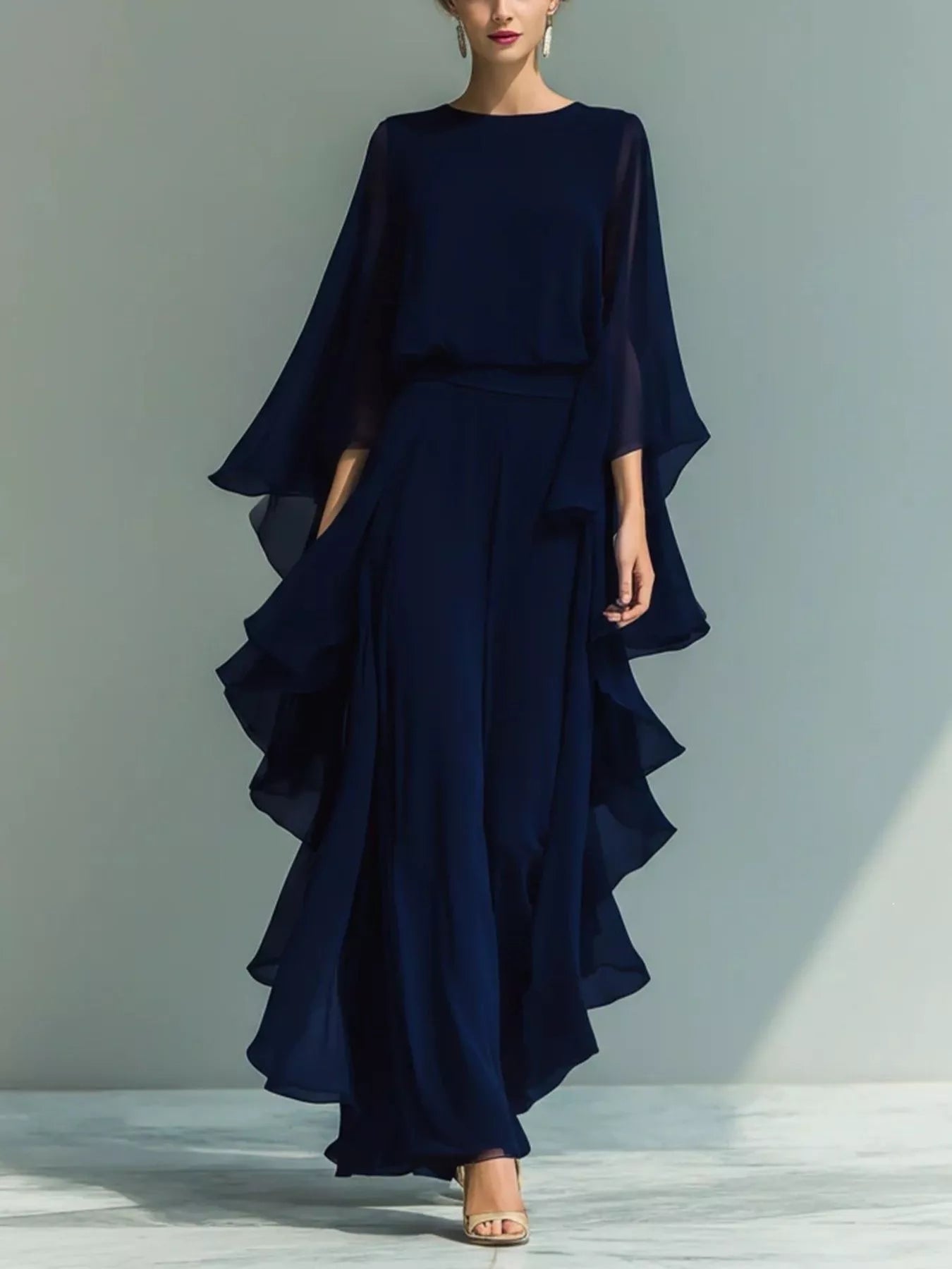 Ruffled Chiffon Long Sleeve Top and Pants Set designed for comfort and style at Lookzlike