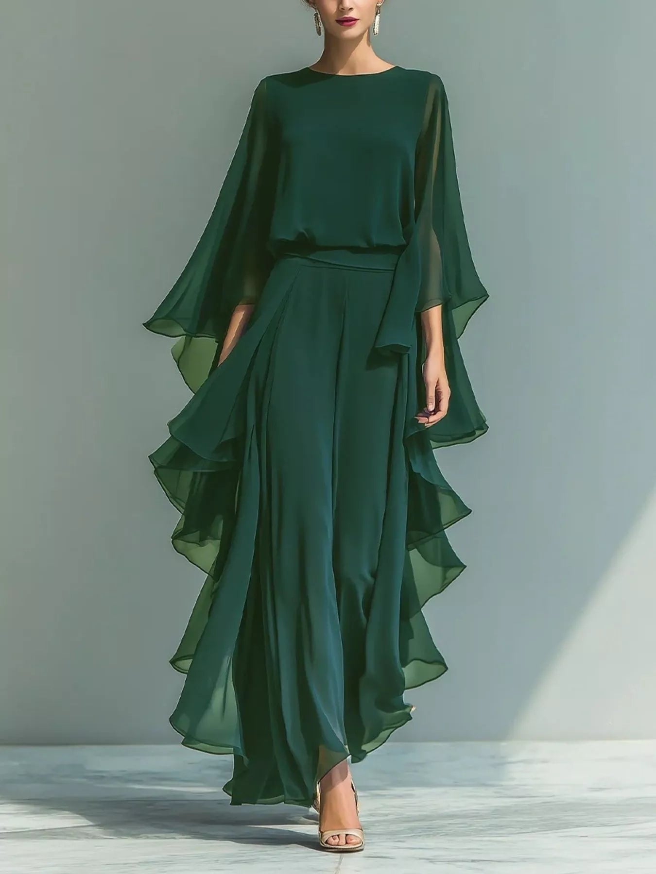 Ruffled Chiffon Long Sleeve Top and Pants Set designed for comfort and style at Lookzlike