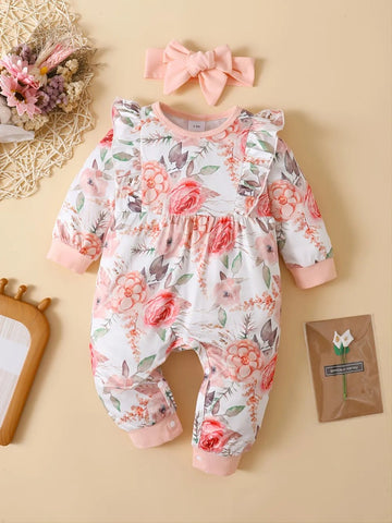 Ruffled Floral Round Neck Jumpsuit with Headband designed for comfort and style at Lookzlike