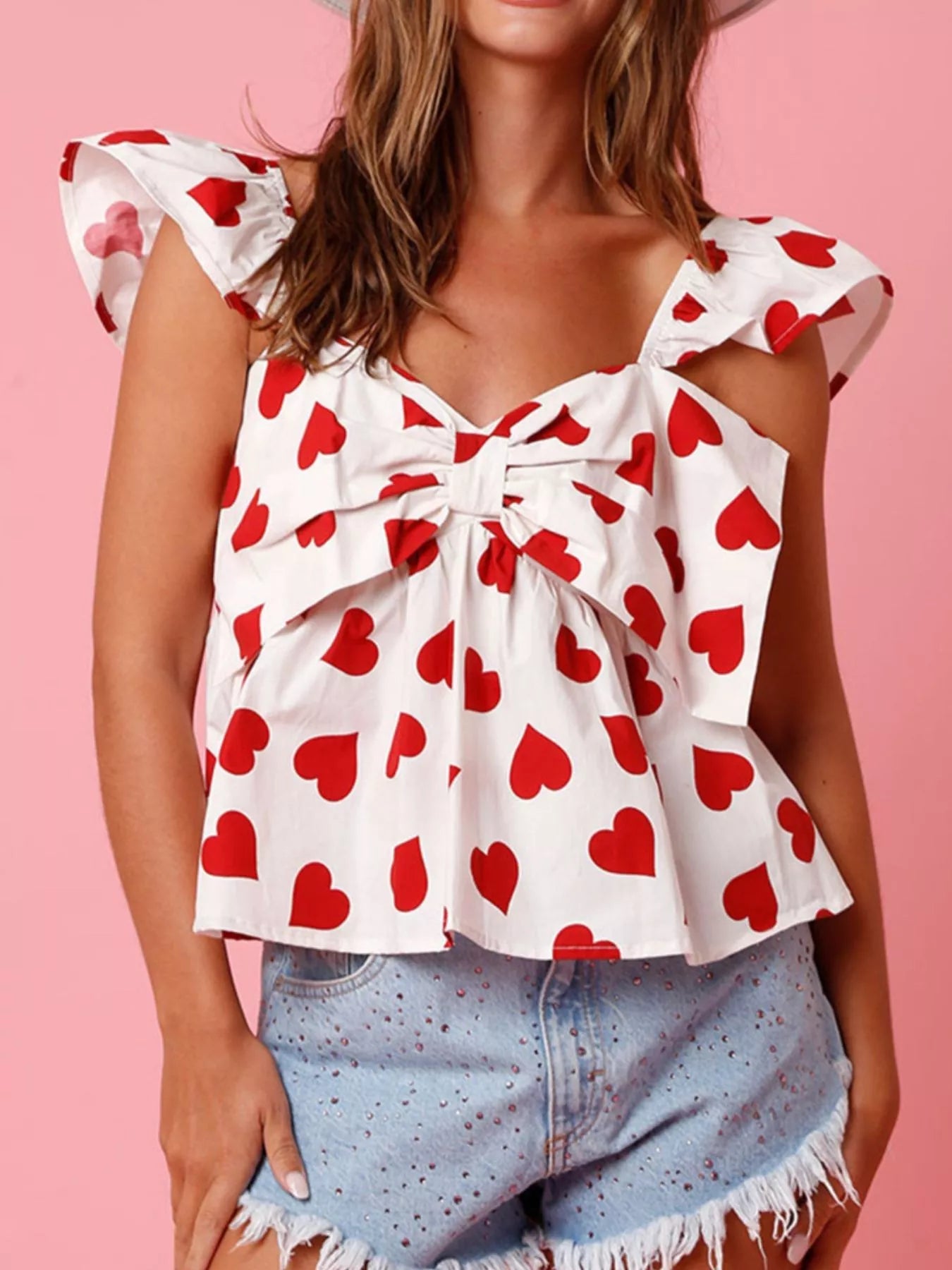 Ruffled Heart Print Bow Front Cami designed for comfort and style at Lookzlike