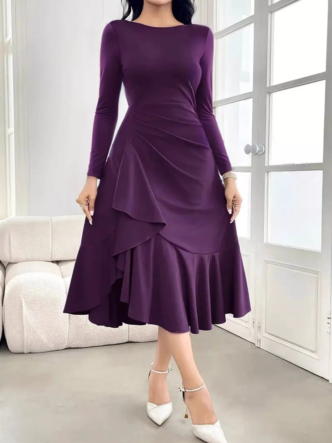 Ruffled Hem Long Sleeve Dress designed for comfort and style at Lookzlike