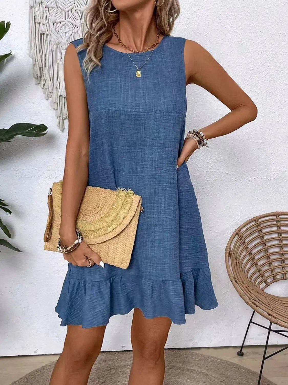 Ruffled Hem Round Neck Sleeveless Dress - Lookzlike