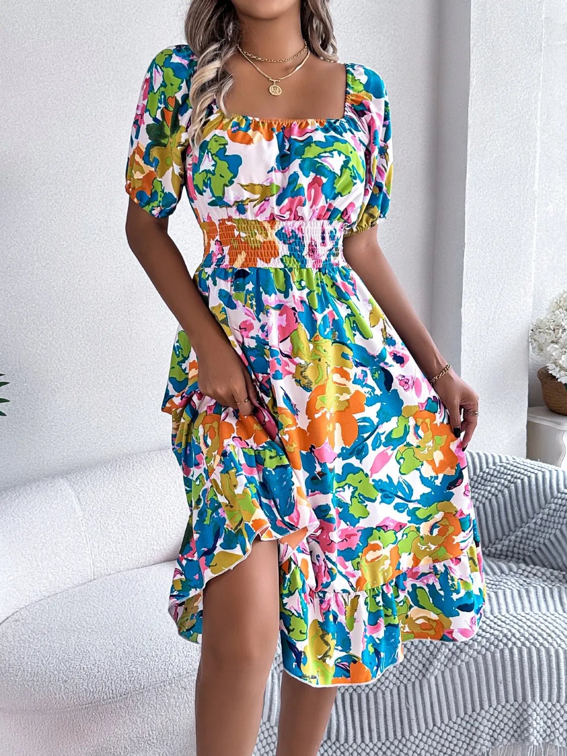 Ruffled Hem Smocked Floral Short Sleeve Midi Dress - Lookzlike