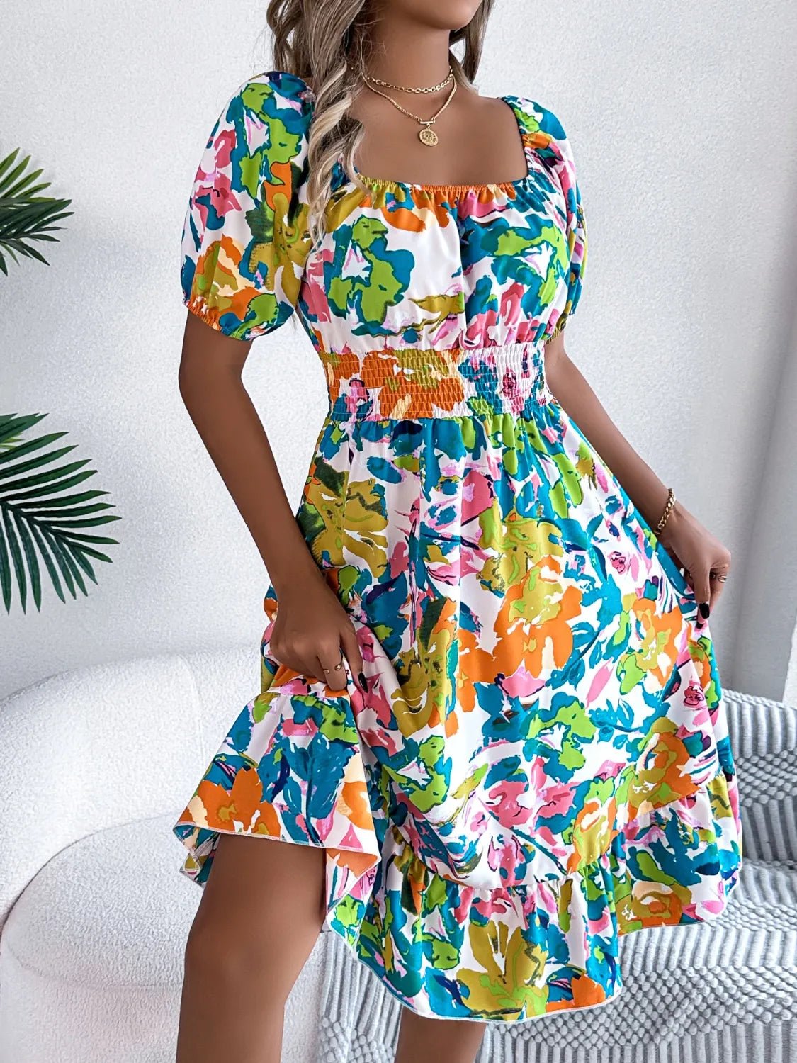 Ruffled Hem Smocked Floral Short Sleeve Midi Dress - Lookzlike