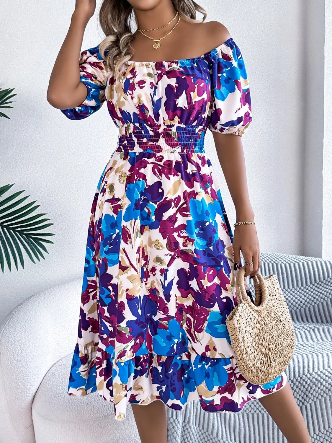 Ruffled Hem Smocked Floral Short Sleeve Midi Dress - Lookzlike