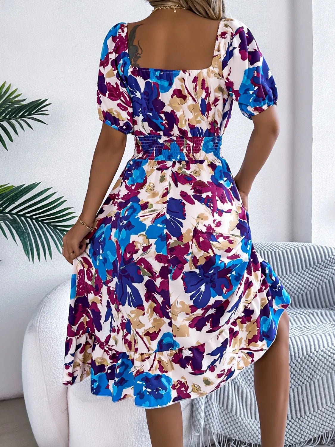 Ruffled Hem Smocked Floral Short Sleeve Midi Dress - Lookzlike
