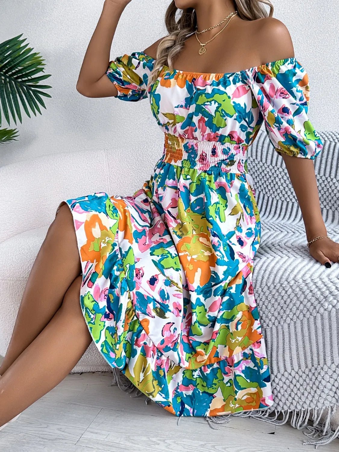 Ruffled Hem Smocked Floral Short Sleeve Midi Dress - Lookzlike