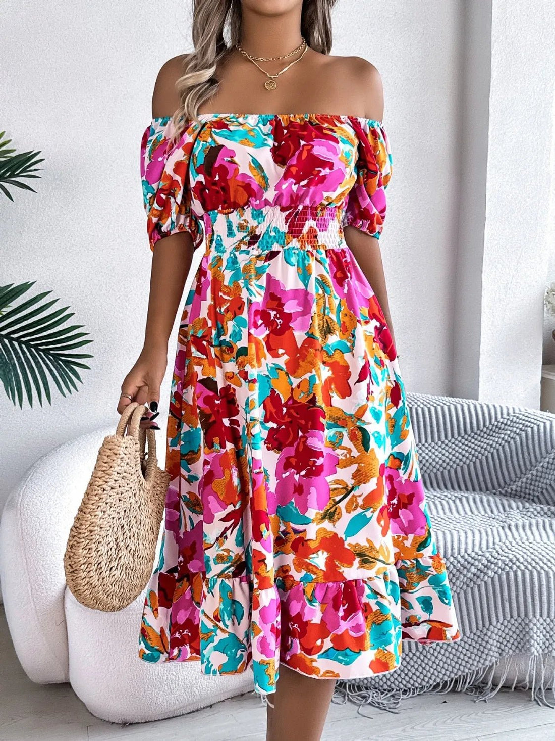 Ruffled Hem Smocked Floral Short Sleeve Midi Dress - Lookzlike