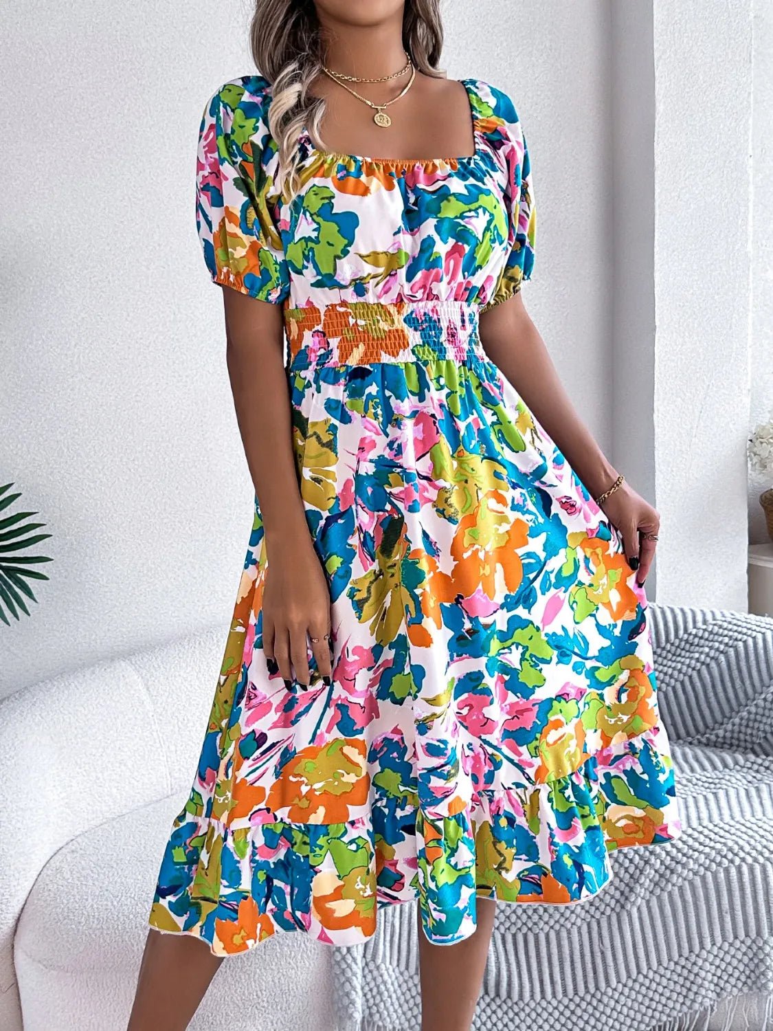 Ruffled Hem Smocked Floral Short Sleeve Midi Dress - Lookzlike