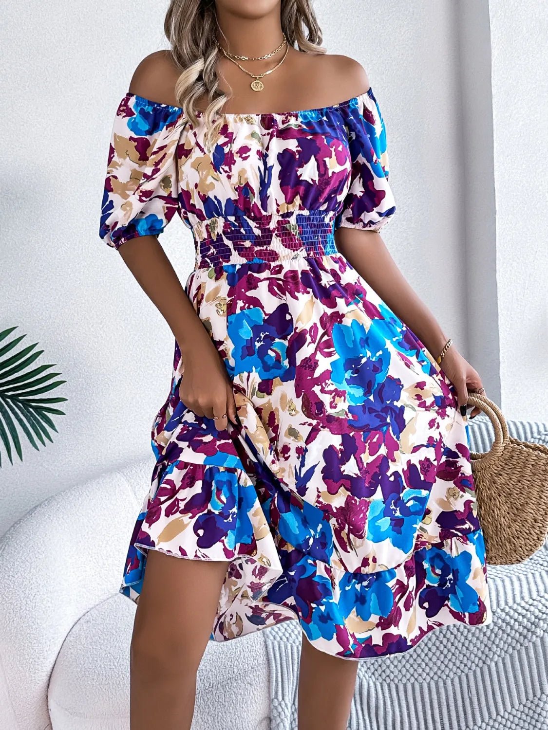 Ruffled Hem Smocked Floral Short Sleeve Midi Dress - Lookzlike