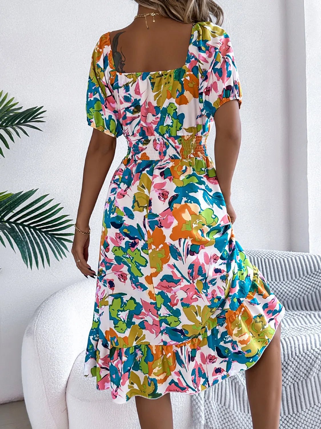 Ruffled Hem Smocked Floral Short Sleeve Midi Dress - Lookzlike