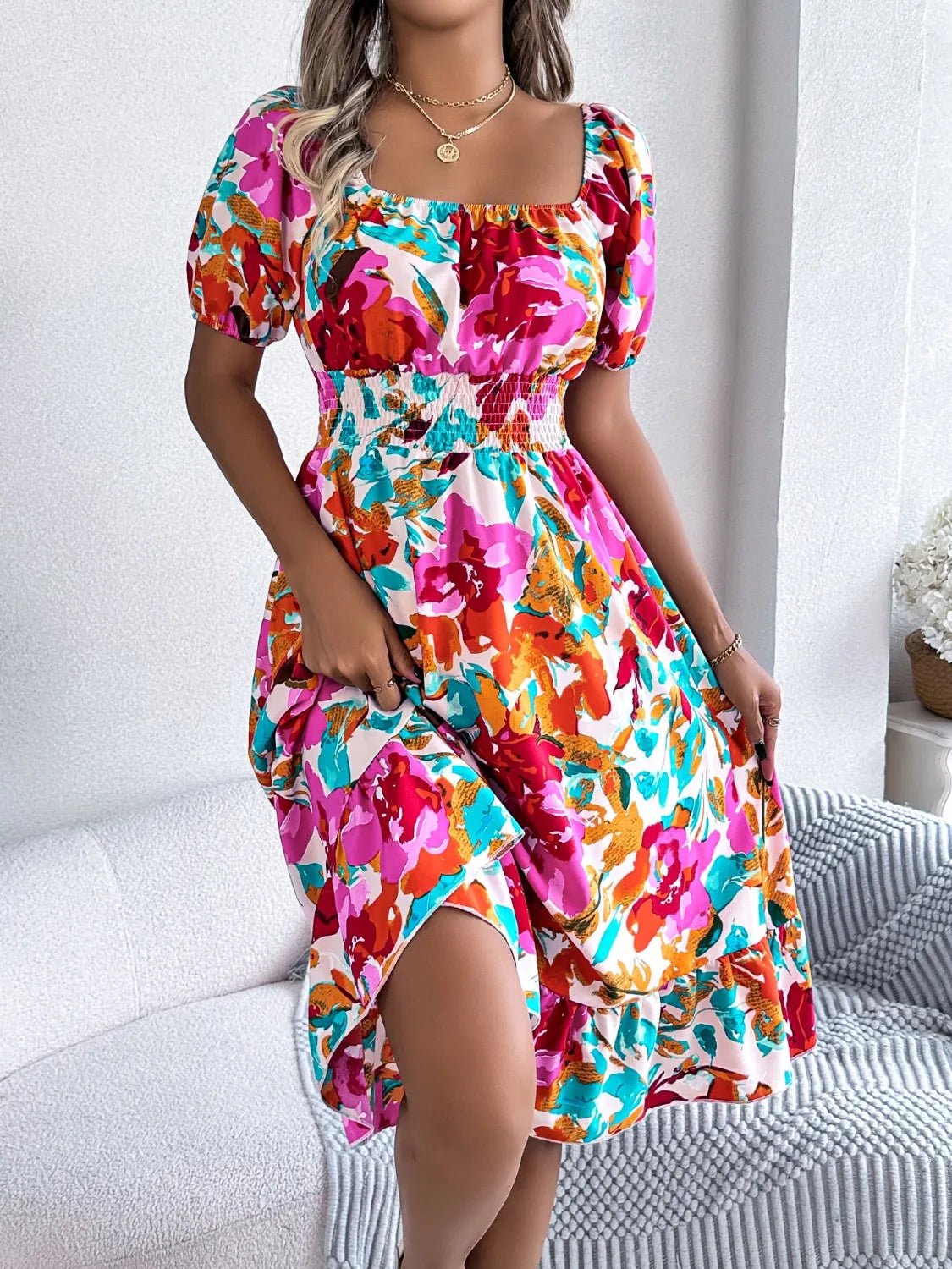 Ruffled Hem Smocked Floral Short Sleeve Midi Dress - Lookzlike
