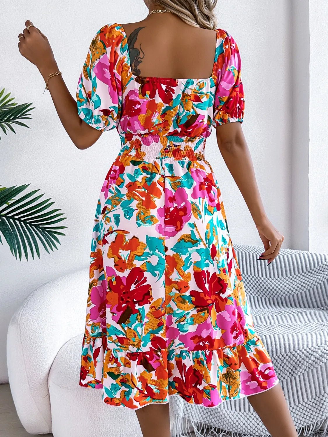 Ruffled Hem Smocked Floral Short Sleeve Midi Dress - Lookzlike