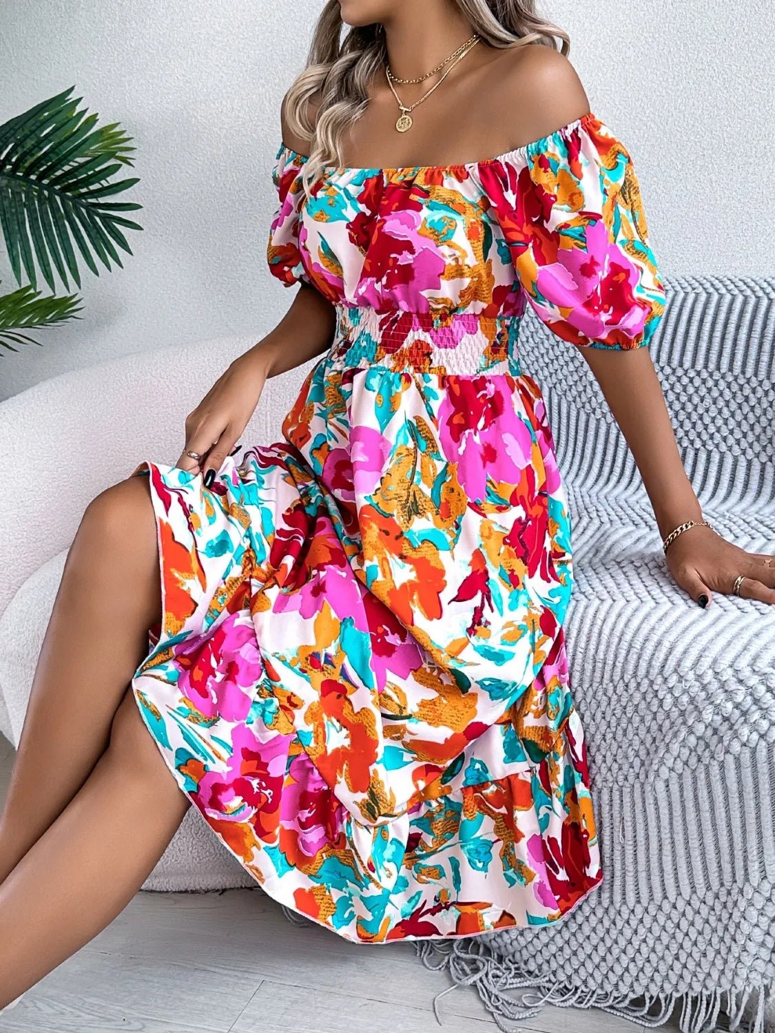 Ruffled Hem Smocked Floral Short Sleeve Midi Dress - Lookzlike