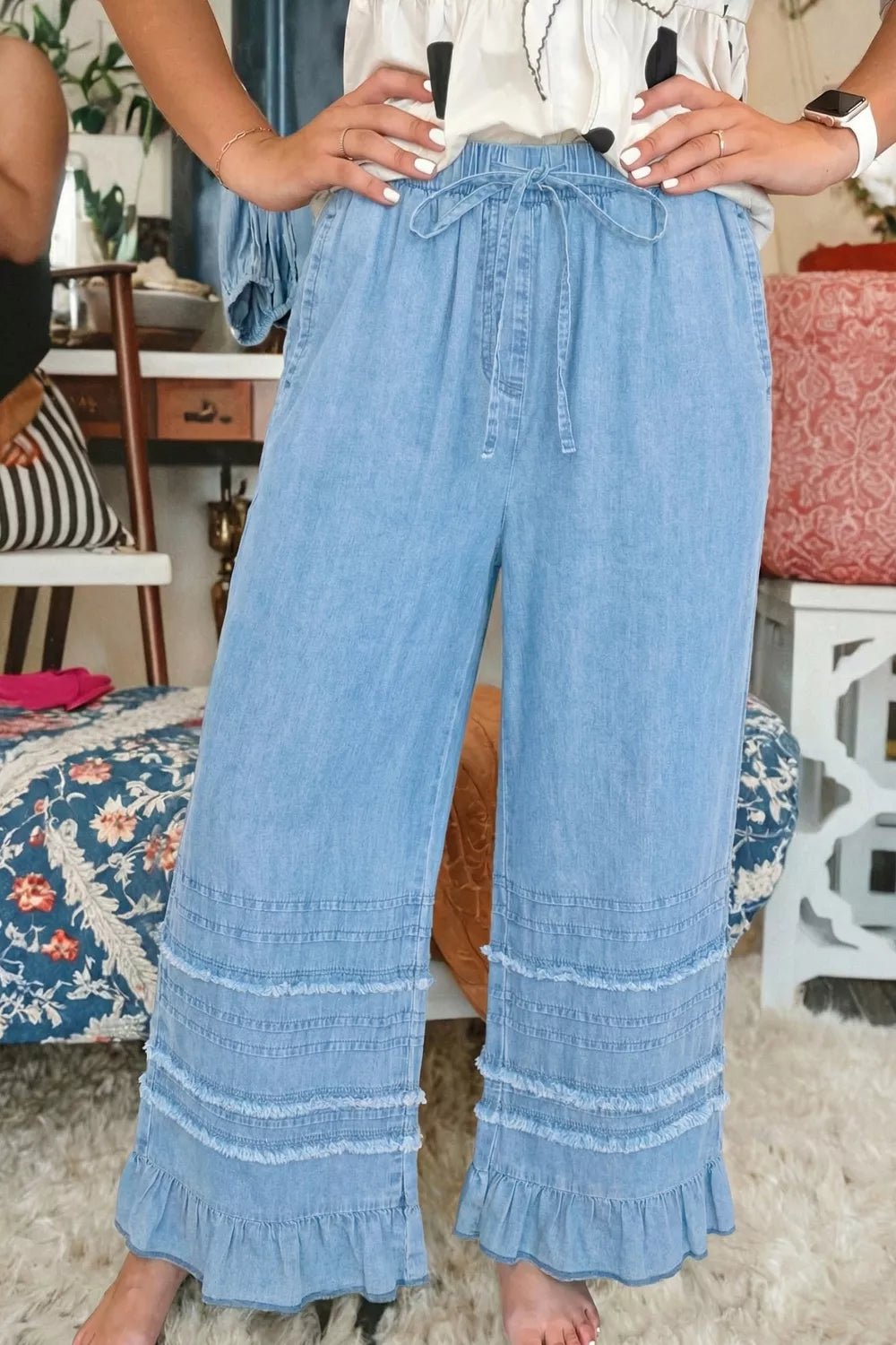 Ruffled Hem Wide Leg Chambray Jeans designed for comfort and style at Lookzlike