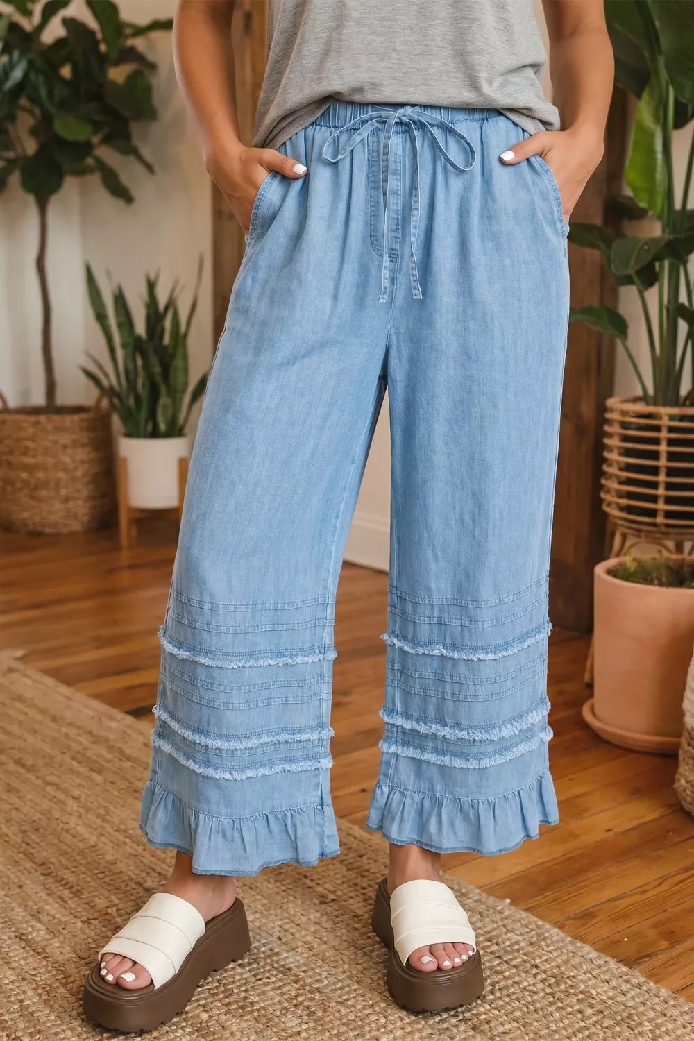 Ruffled Hem Wide Leg Chambray Jeans designed for comfort and style at Lookzlike