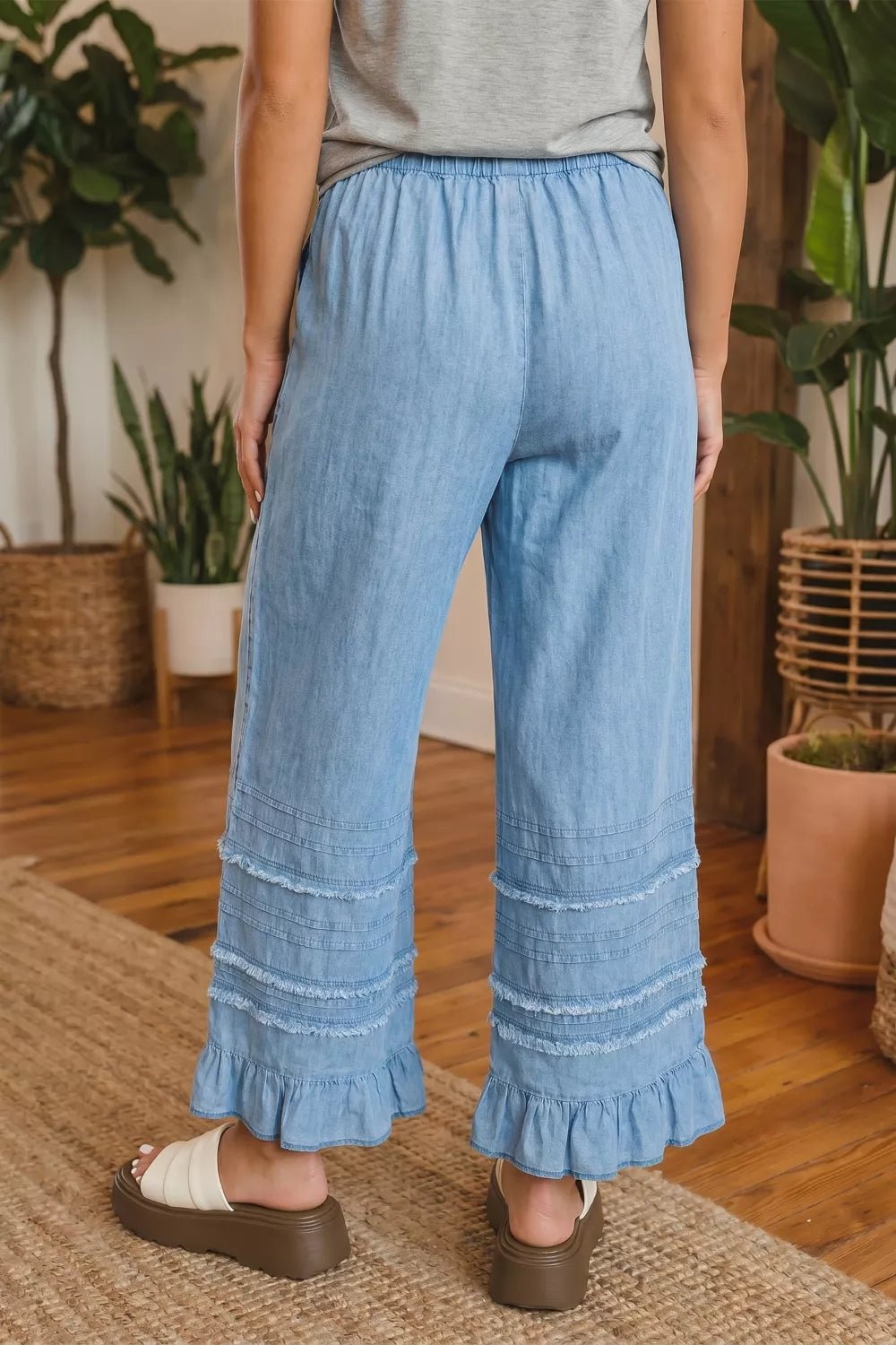 Ruffled Hem Wide Leg Chambray Jeans designed for comfort and style at Lookzlike