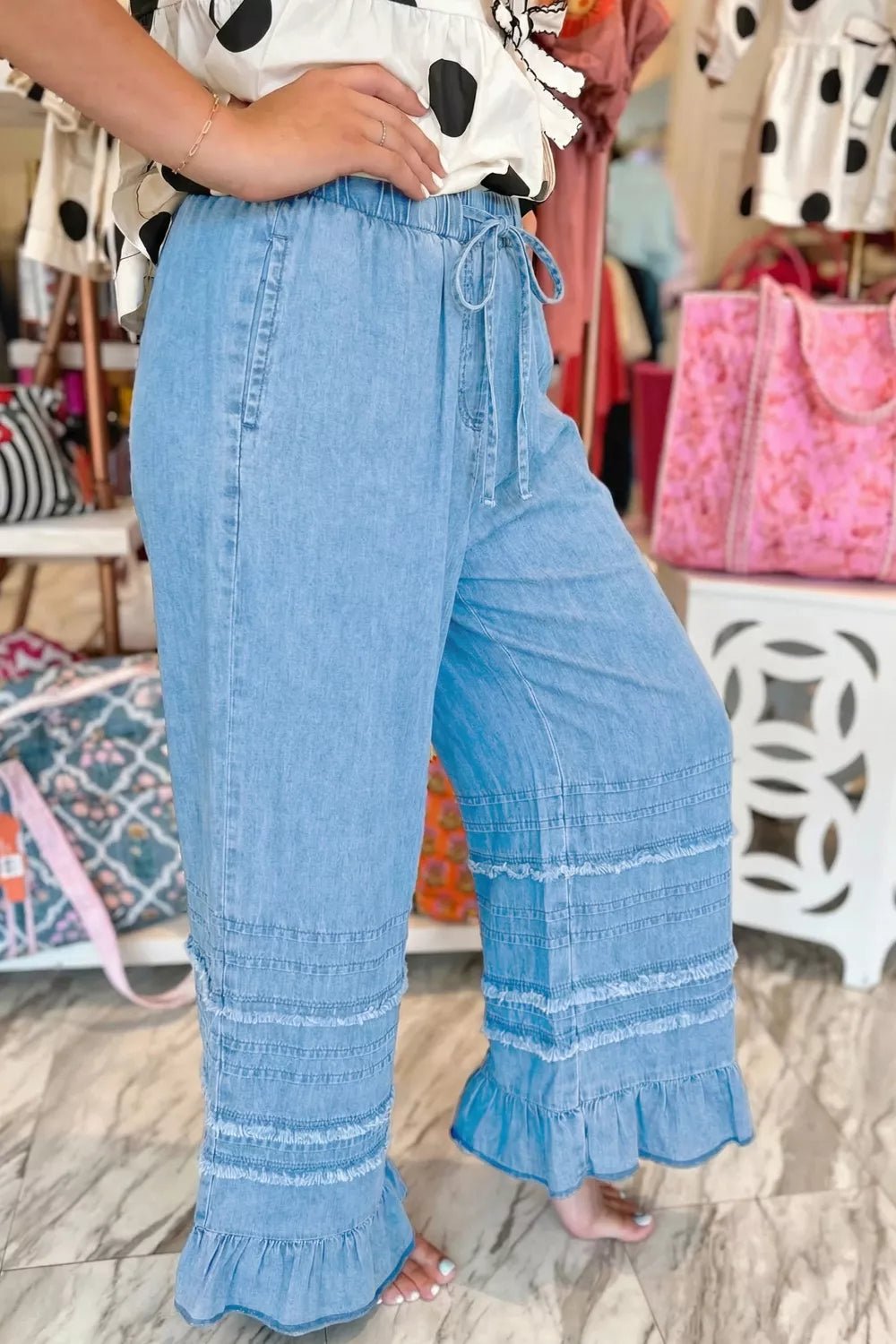 Ruffled Hem Wide Leg Chambray Jeans designed for comfort and style at Lookzlike