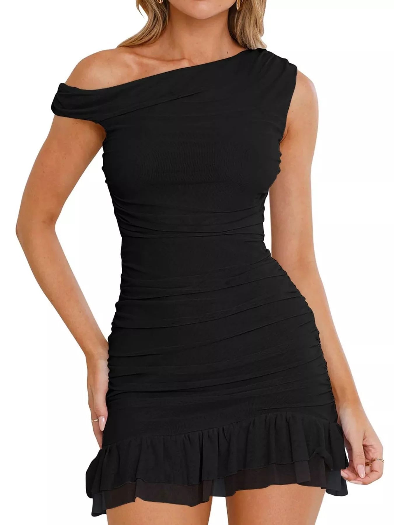 Ruffled Single Shoulder Mini Dress designed for comfort and style at Lookzlike