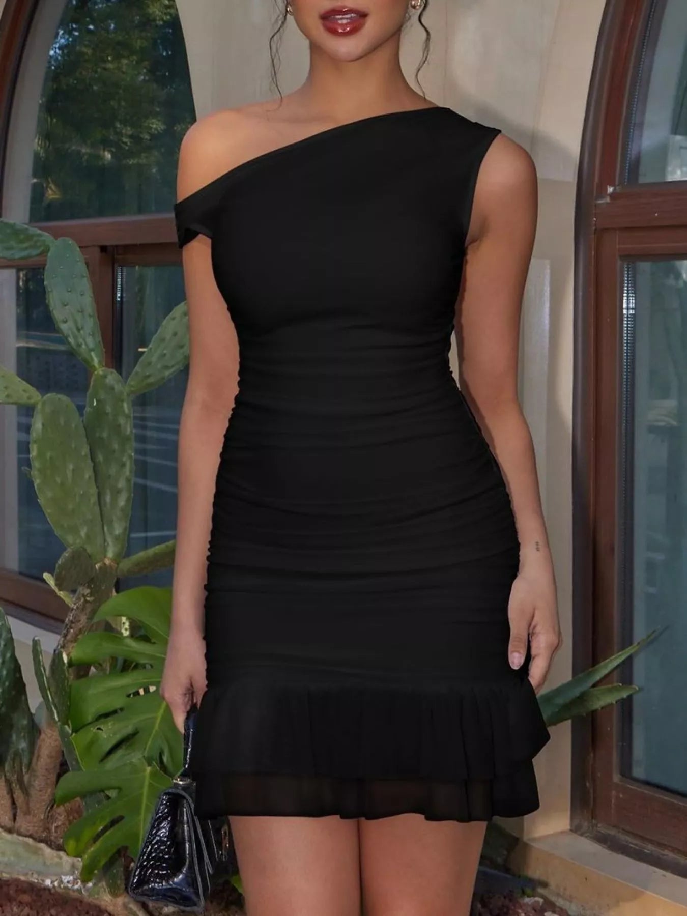 Ruffled Single Shoulder Mini Dress designed for comfort and style at Lookzlike