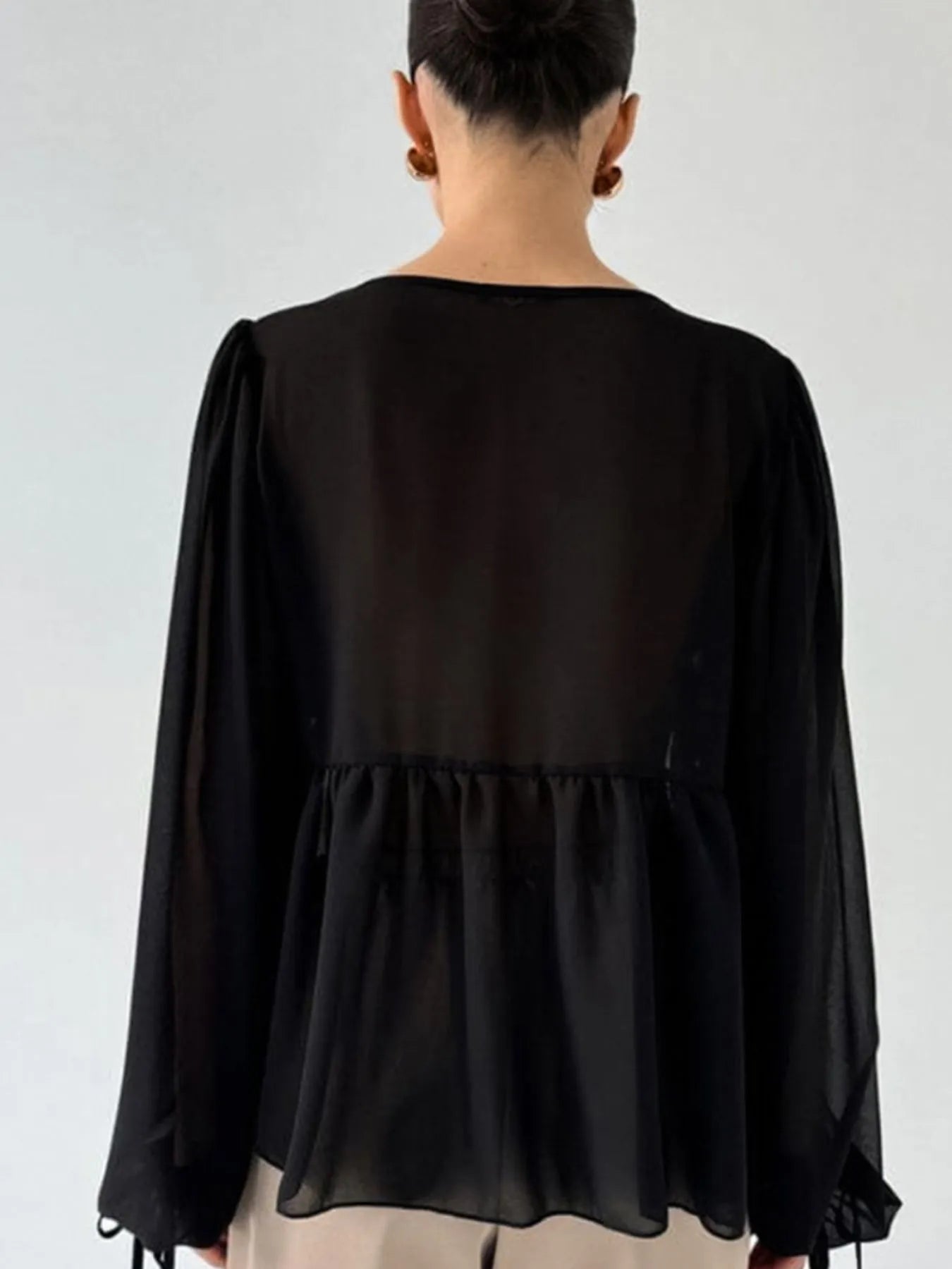 Ruffled Tie Front Long Sleeve Blouse - Lookzlike