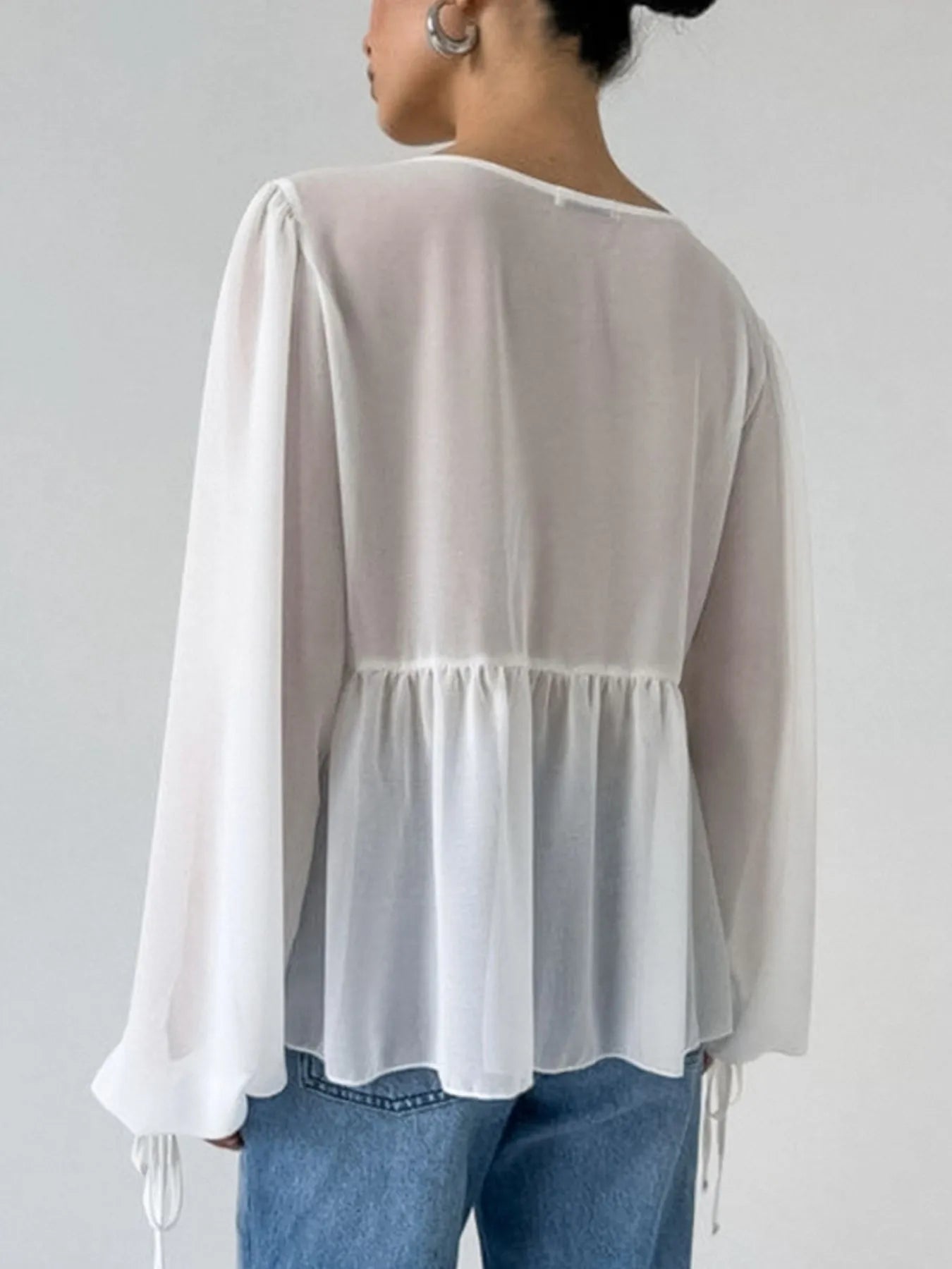 Ruffled Tie Front Long Sleeve Blouse - Lookzlike