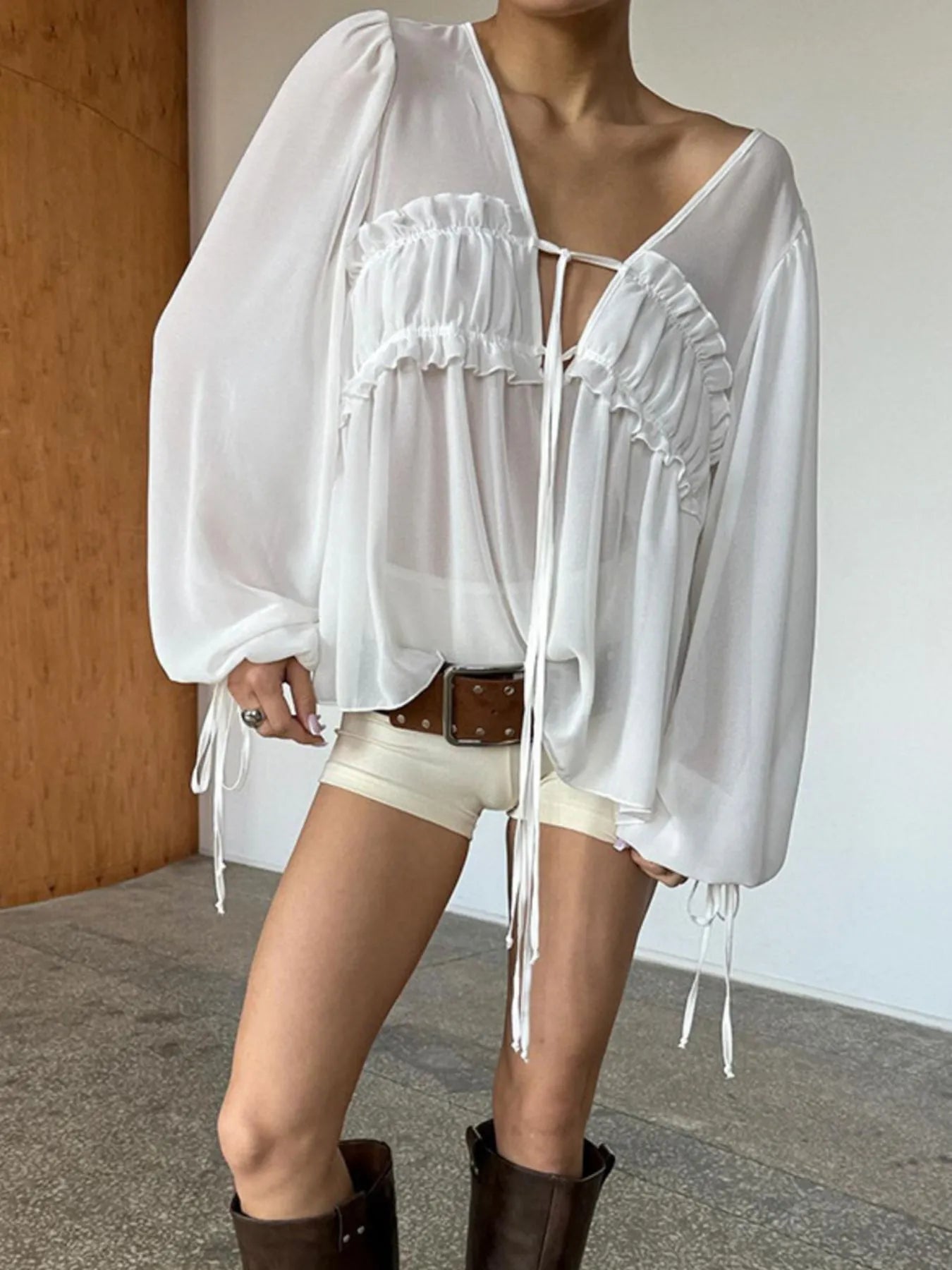 Ruffled Tie Front Long Sleeve Blouse - Lookzlike