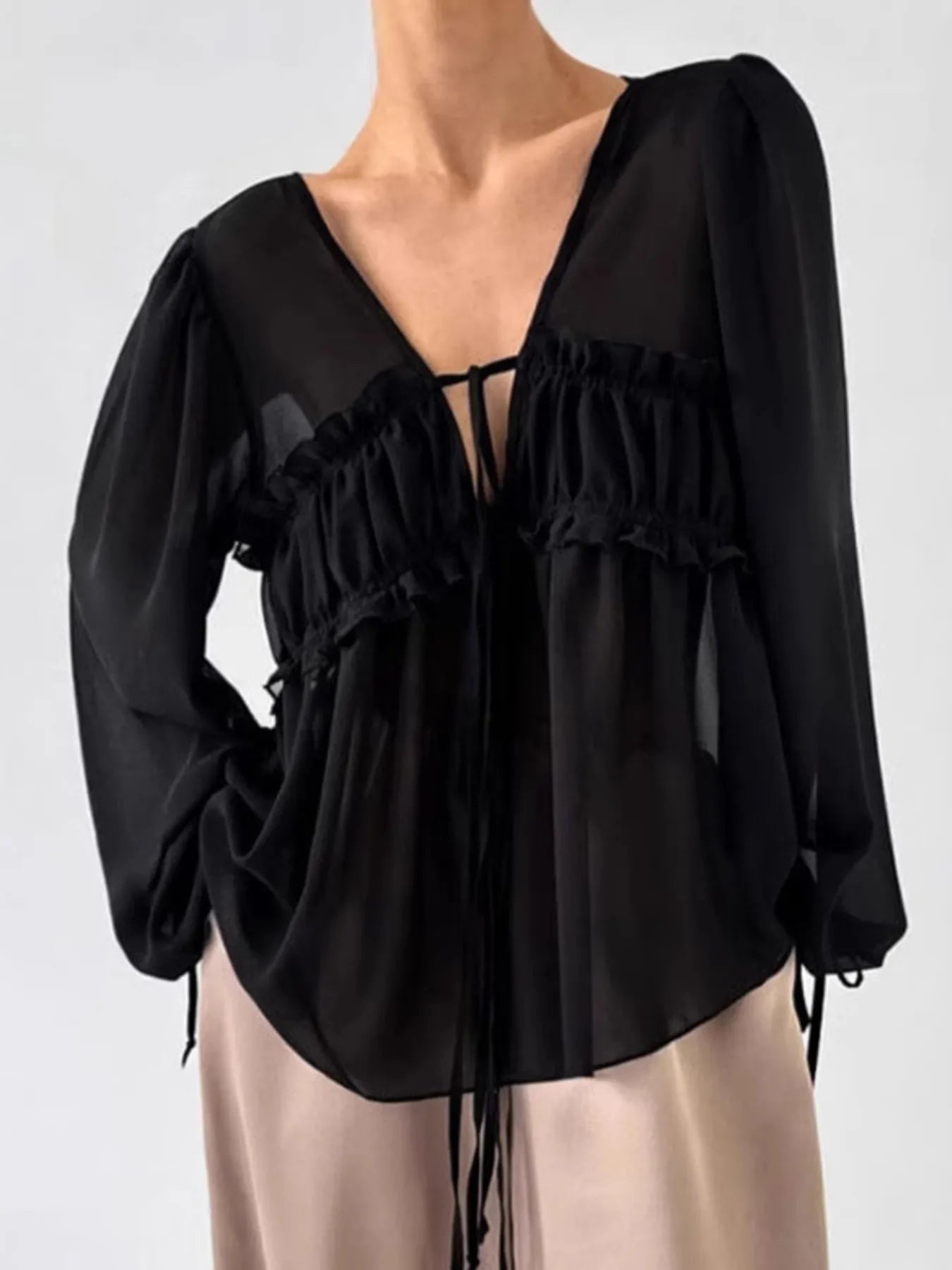 Ruffled Tie Front Long Sleeve Blouse - Lookzlike