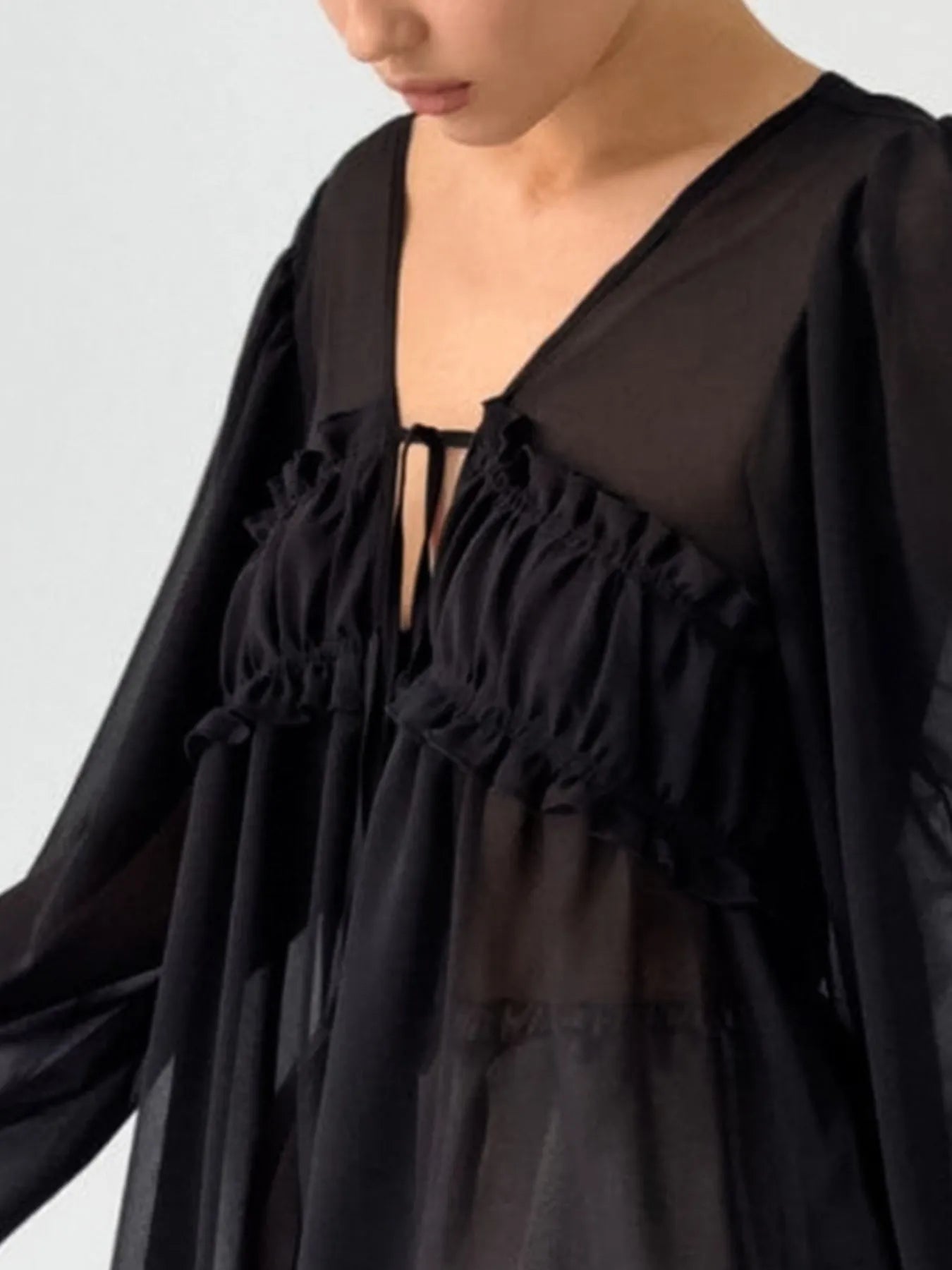 Ruffled Tie Front Long Sleeve Blouse - Lookzlike