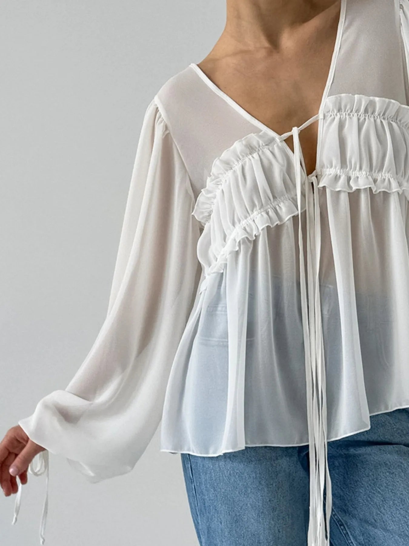 Ruffled Tie Front Long Sleeve Blouse - Lookzlike