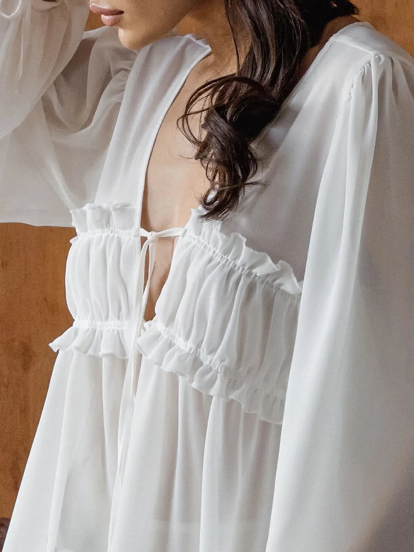 Ruffled Tie Front Long Sleeve Blouse - Lookzlike