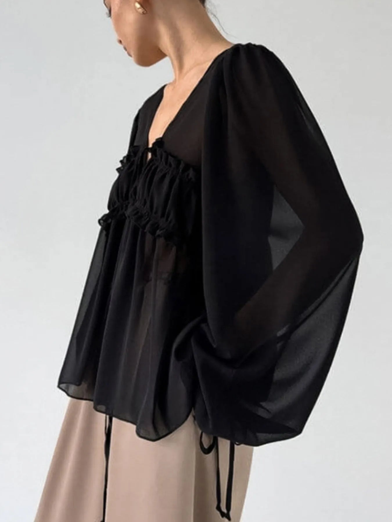 Ruffled Tie Front Long Sleeve Blouse - Lookzlike