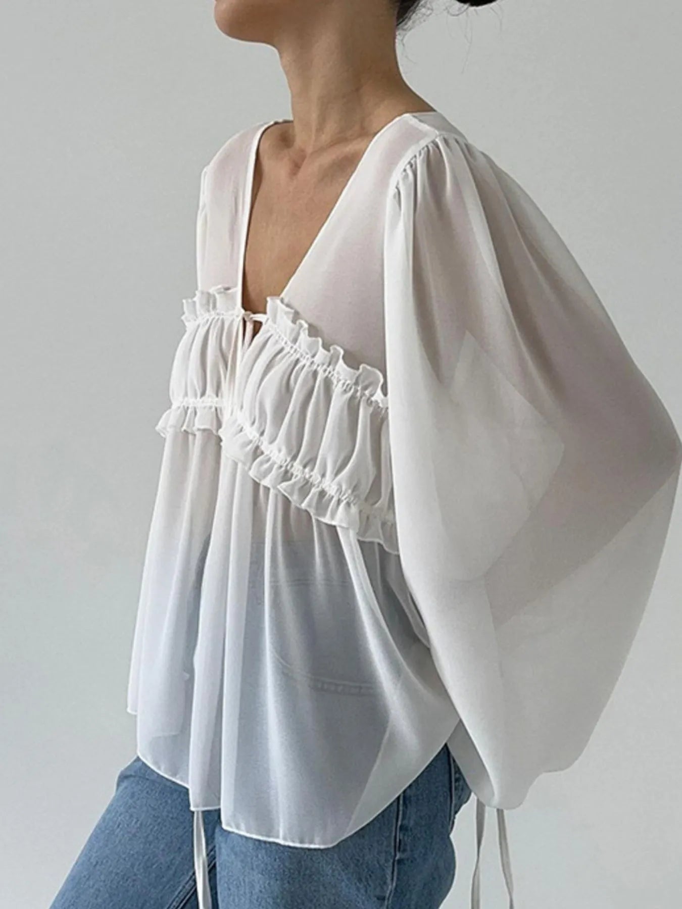 Ruffled Tie Front Long Sleeve Blouse - Lookzlike
