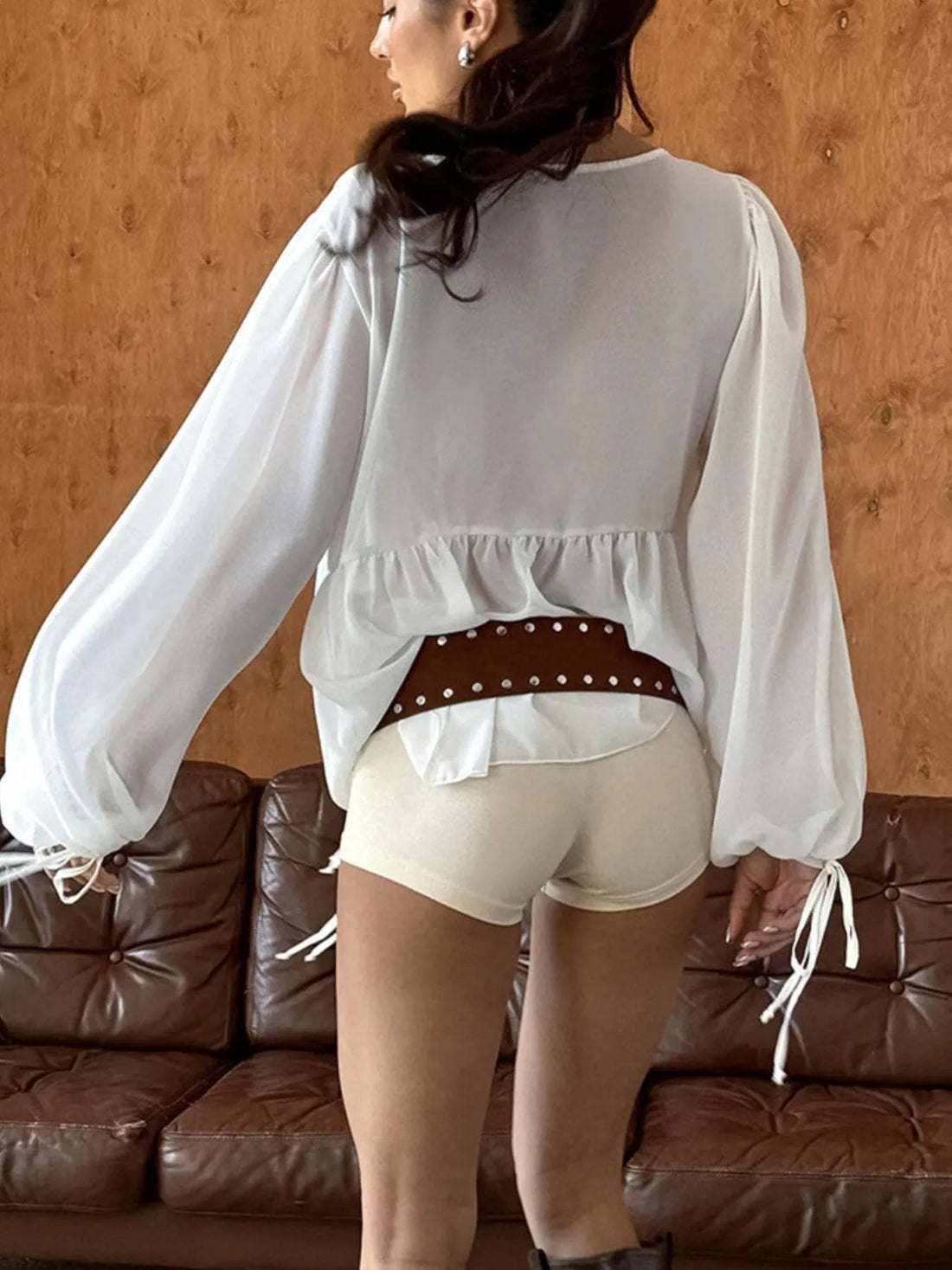 Ruffled Tie Front Long Sleeve Blouse - Lookzlike