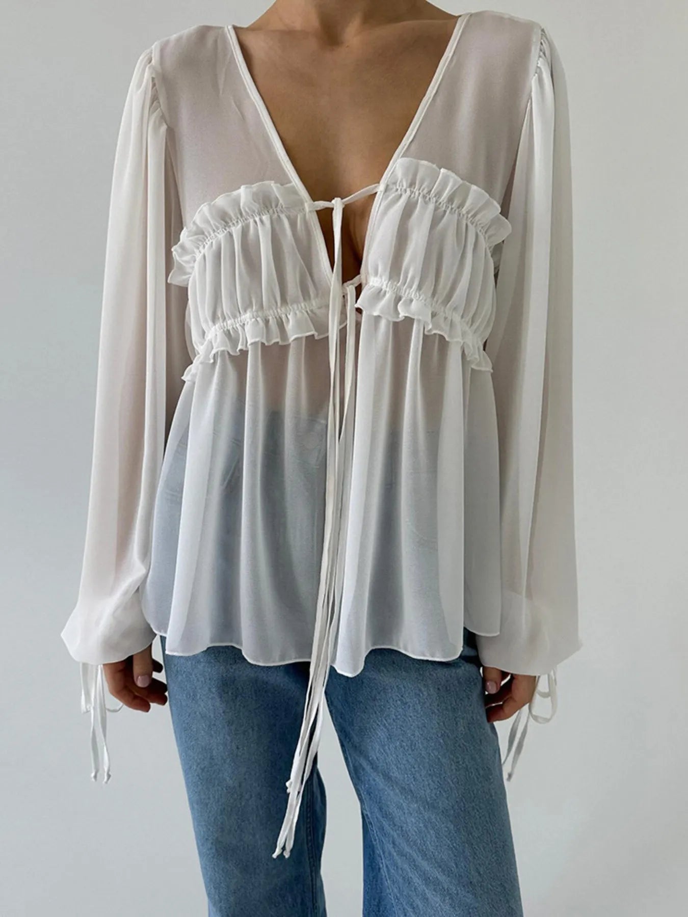 Ruffled Tie Front Long Sleeve Blouse - Lookzlike