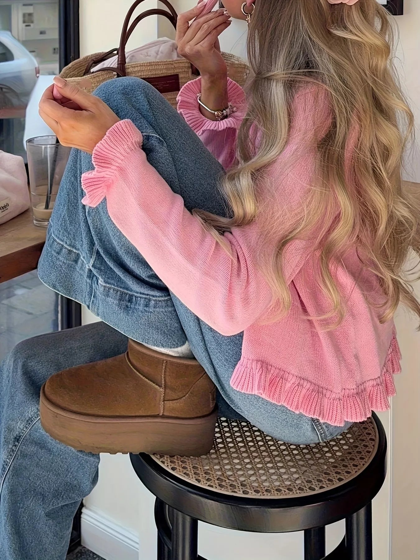 Ruffled Trim Knit Cardigan designed for comfort and style at Lookzlike