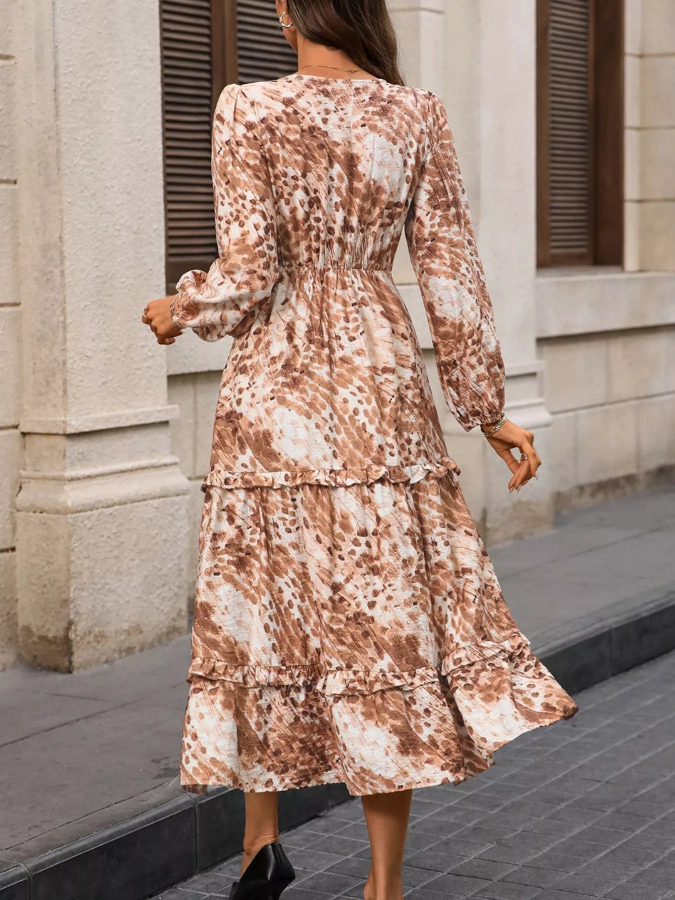 Ruffled V - Neck Balloon Sleeve Dress designed for comfort and style at Lookzlike