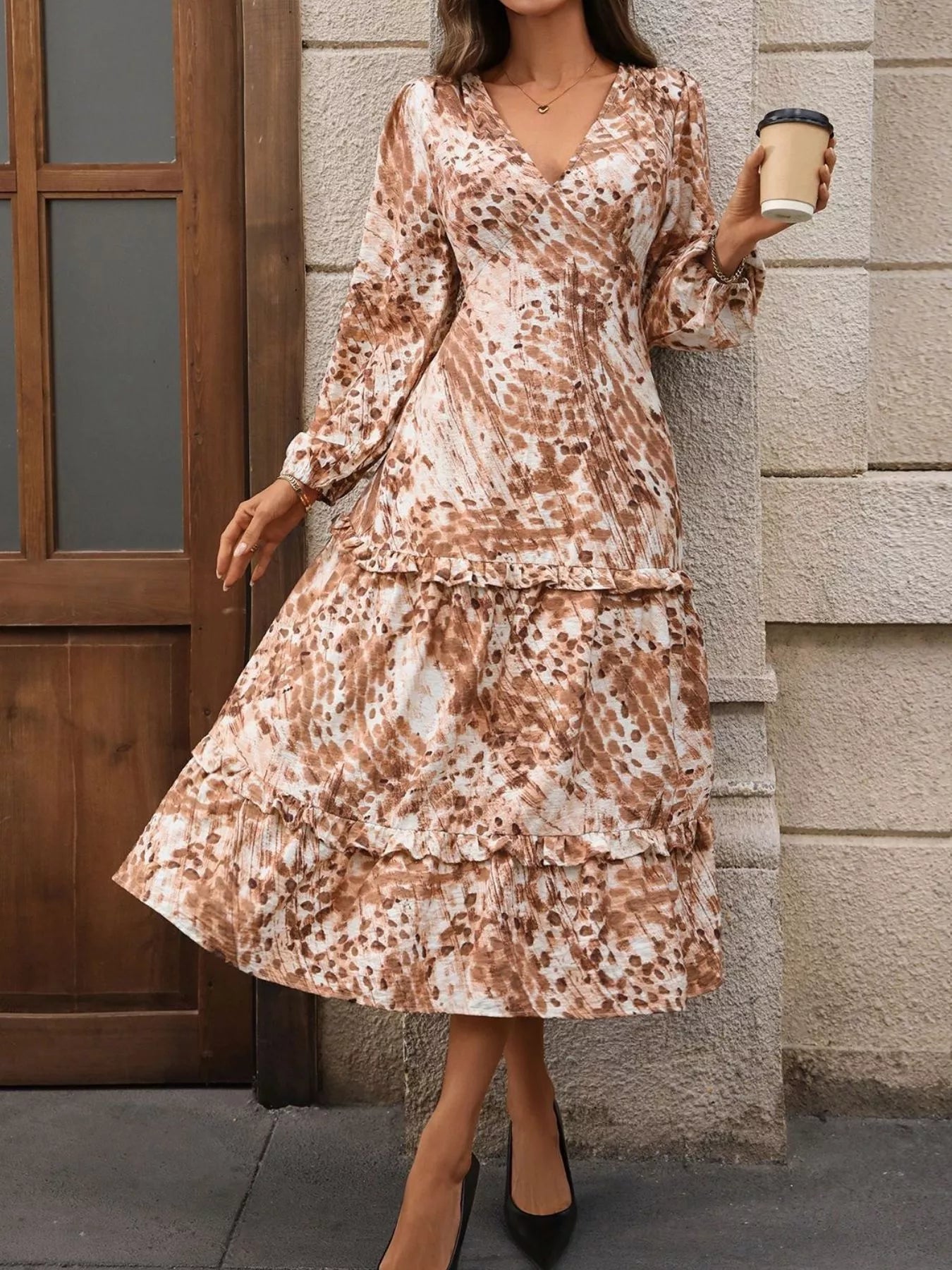 Ruffled V - Neck Balloon Sleeve Dress designed for comfort and style at Lookzlike