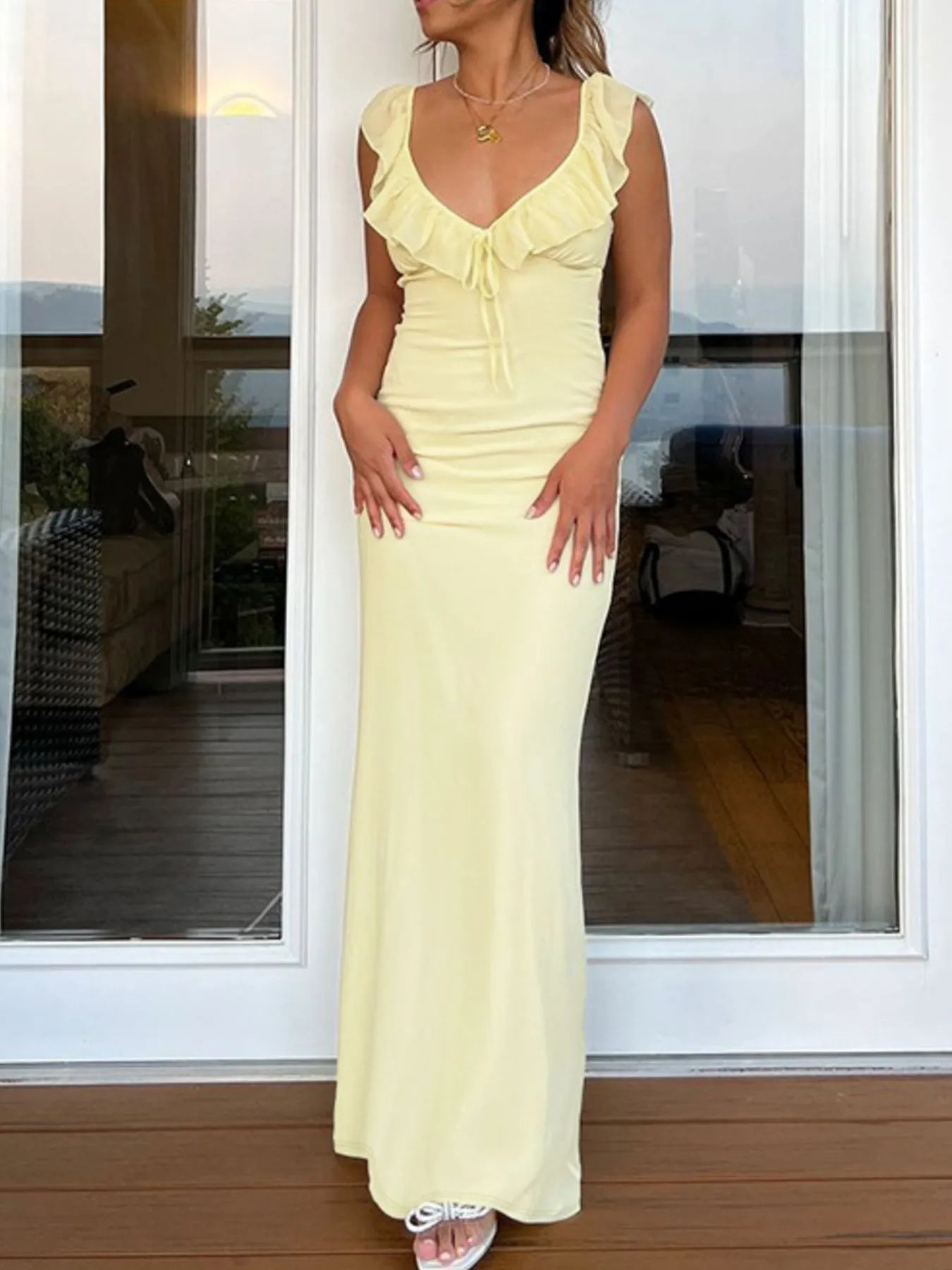 Ruffled V-Neck Sleeveless Maxi Dress - Lookzlike