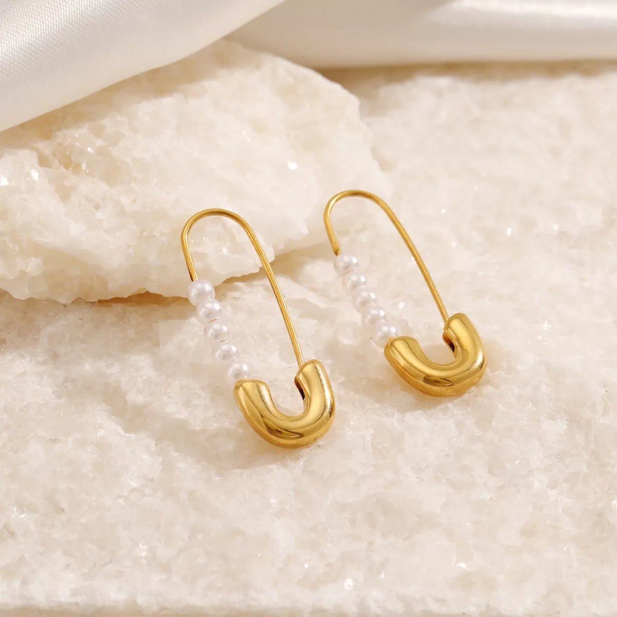 Safety Pin Pearl Accent Earrings designed for comfort and style at Lookzlike