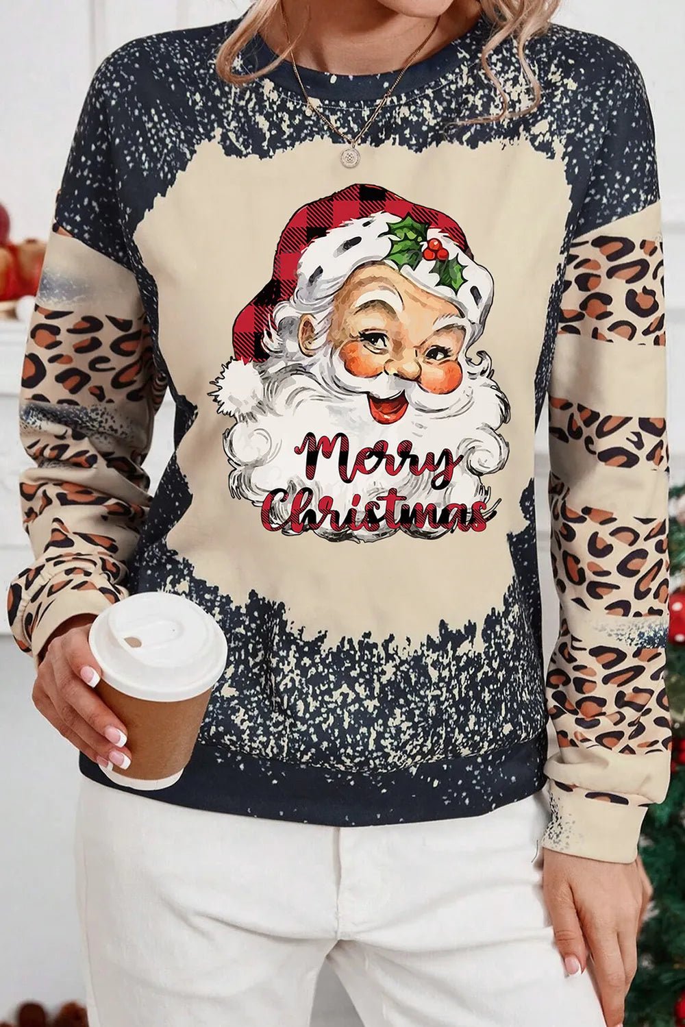 Santa Graphic Leopard Dropped Shoulder Sweatshirt designed for comfort and style at Lookzlike