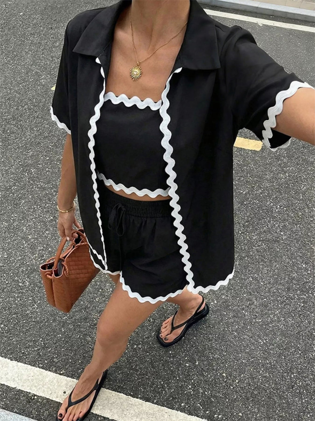 Scalloped Trim Cami & Cardigan & Shorts Set designed for comfort and style at Lookzlike