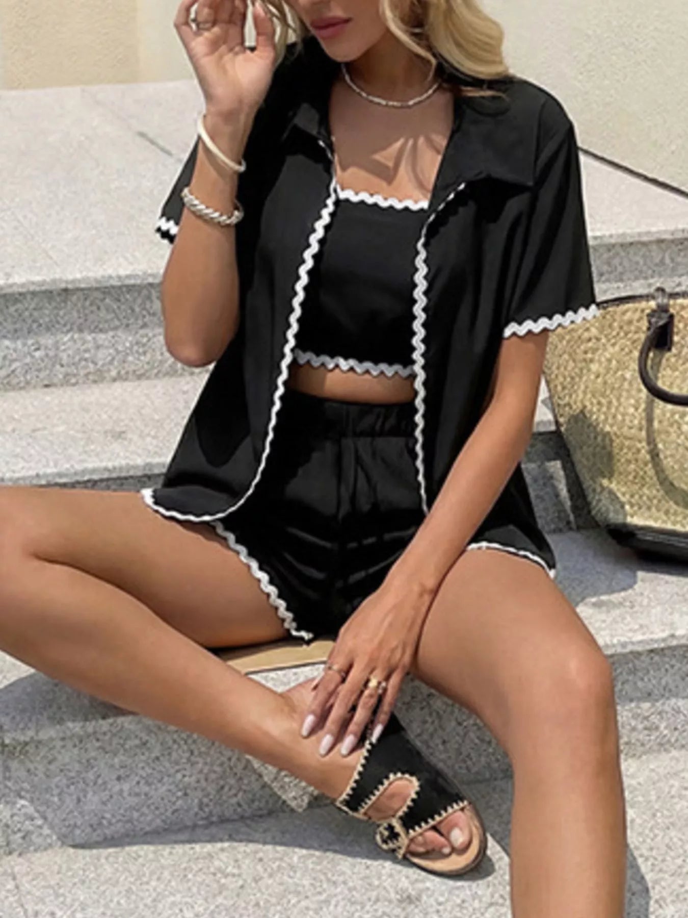 Scalloped Trim Cami & Cardigan & Shorts Set designed for comfort and style at Lookzlike