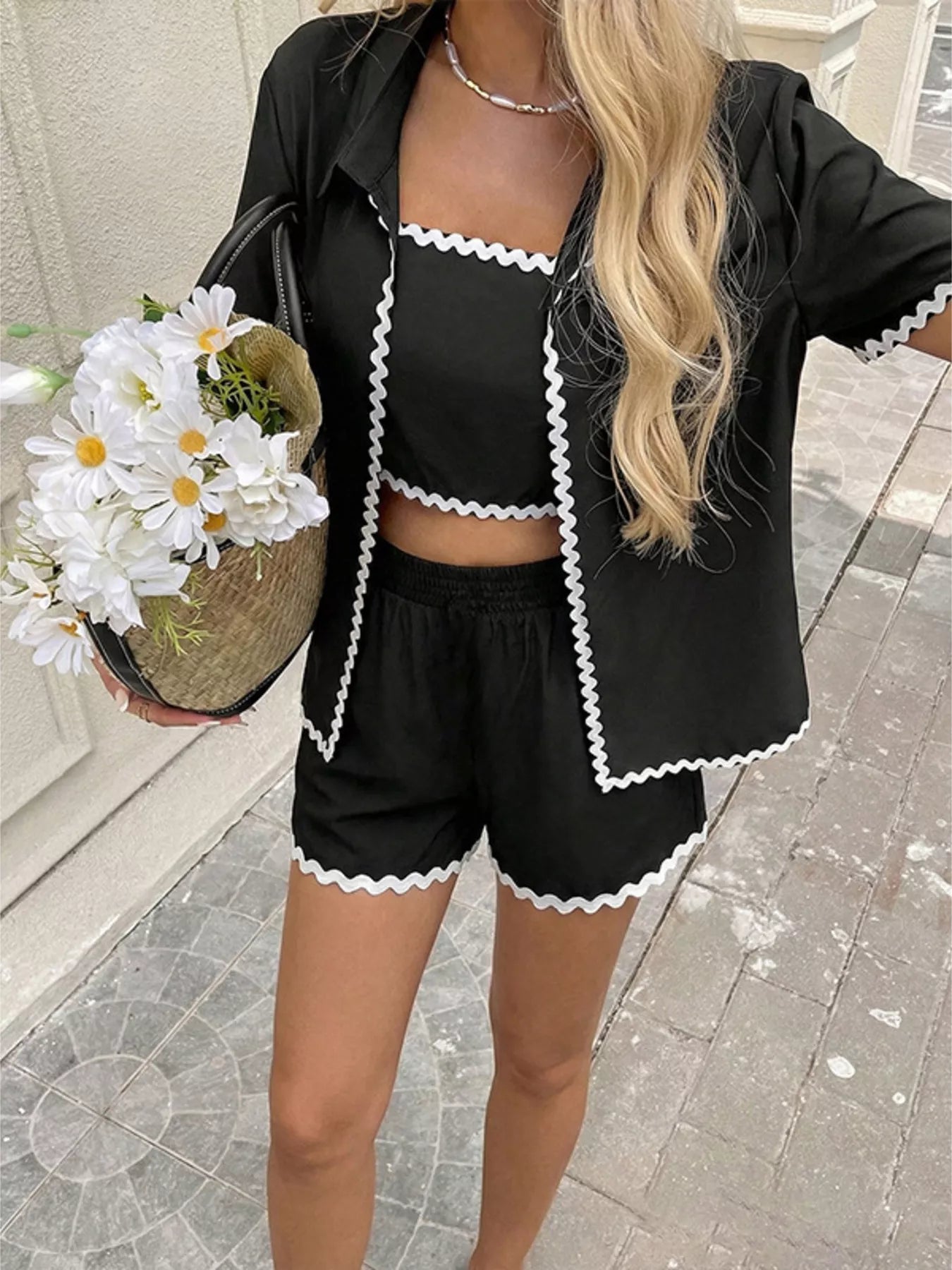 Scalloped Trim Cami & Cardigan & Shorts Set designed for comfort and style at Lookzlike