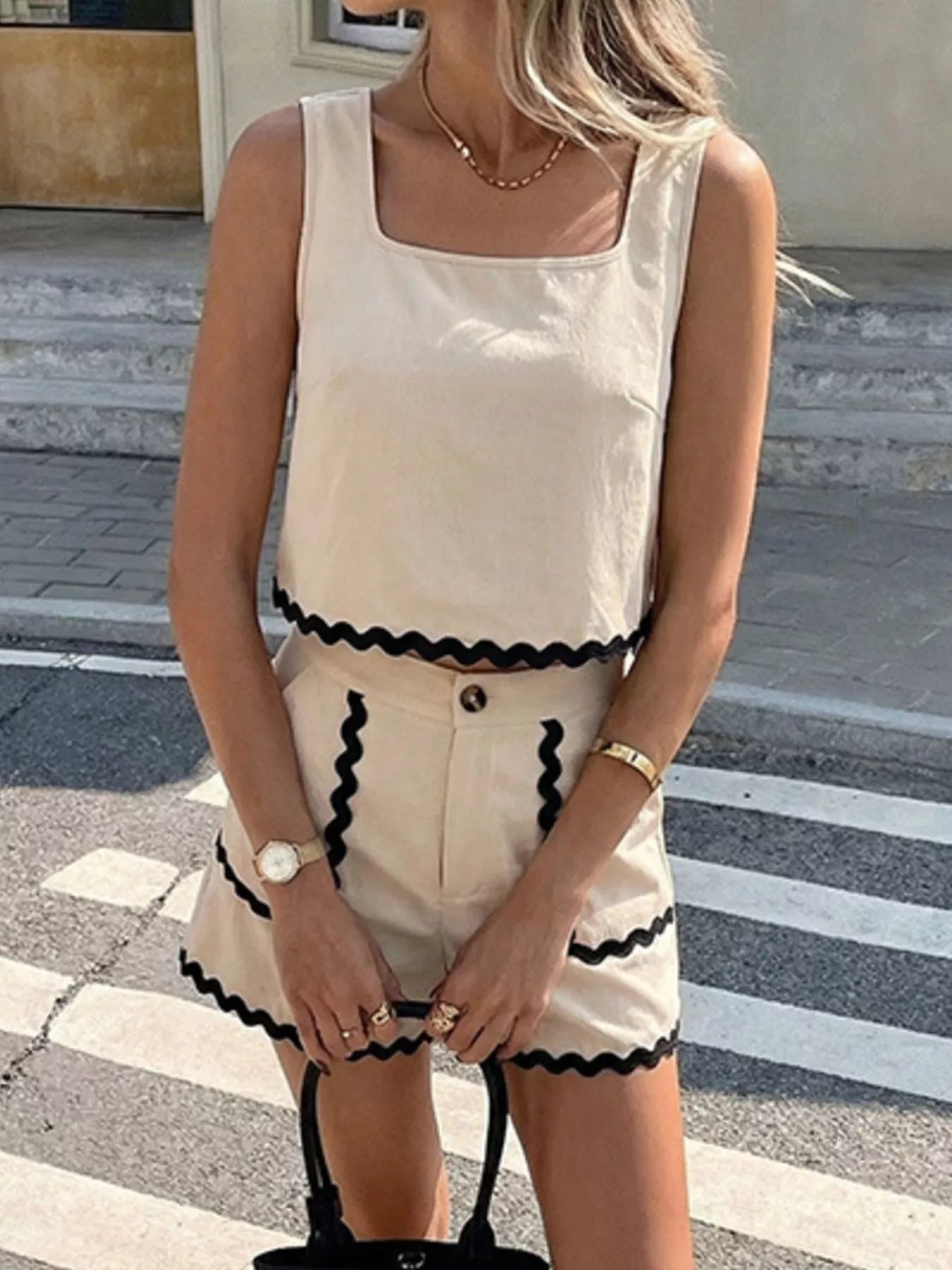 Scalloped Trim Tank and Shorts Set designed for comfort and style at Lookzlike