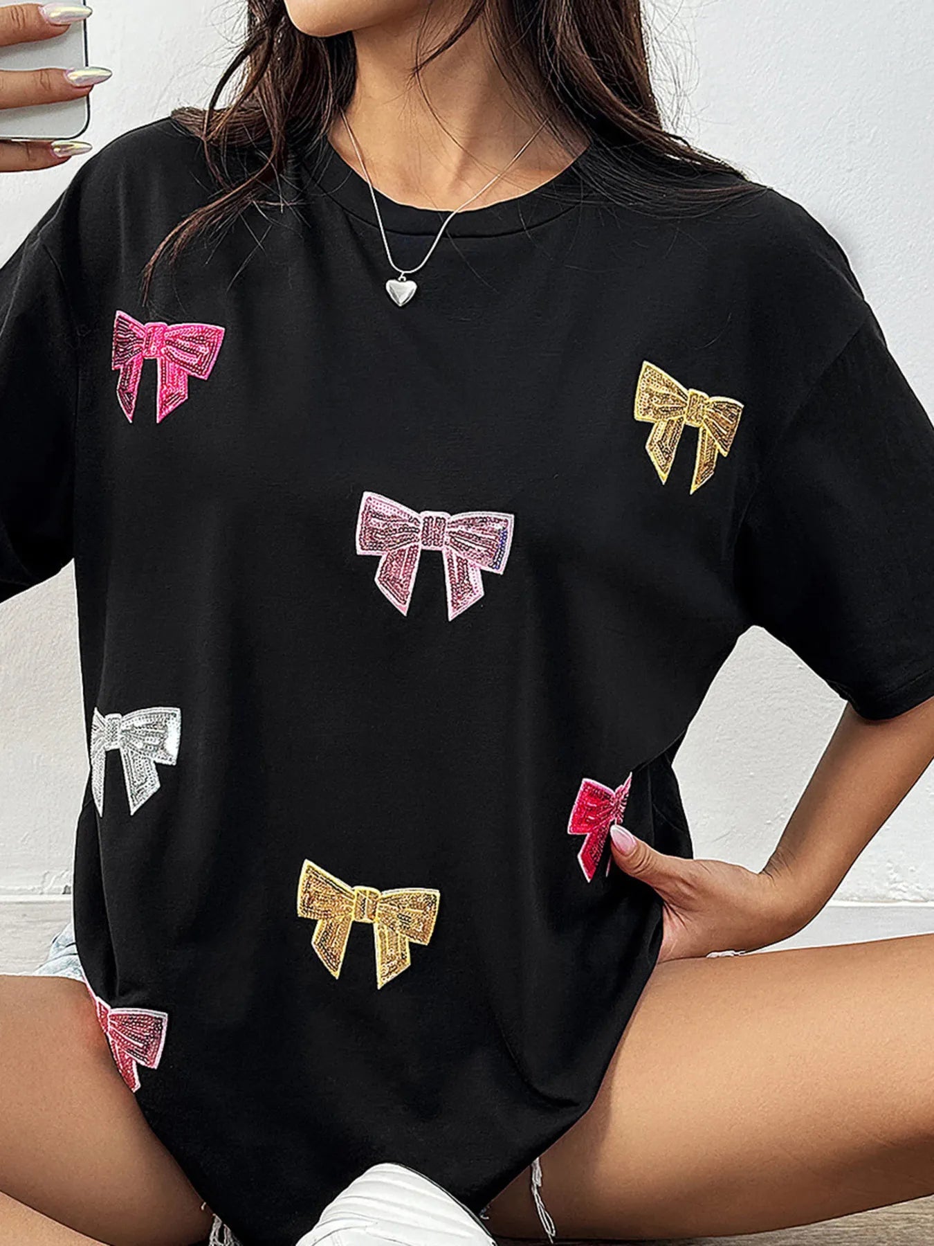 Sequin Bow Round Neck Short Sleeve T-Shirt - Lookzlike
